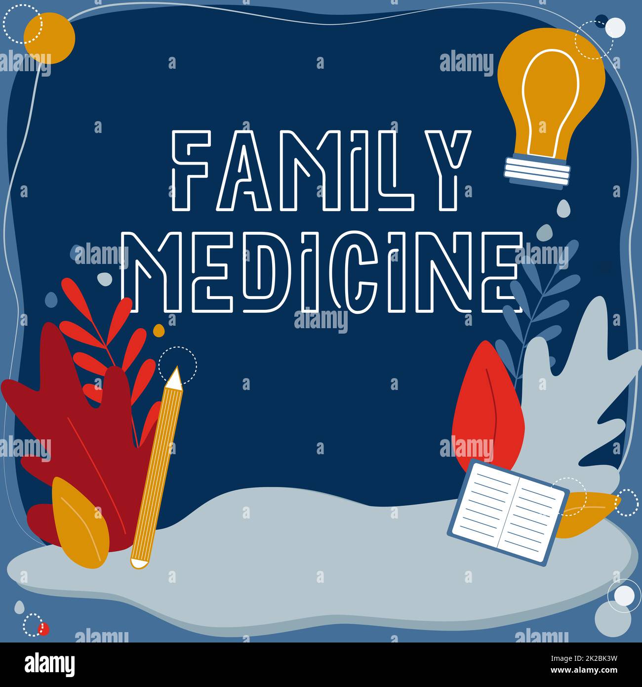 Konzeptionelle Darstellung Familienmedizin, Konzeptfoto umfassende Gesundheitsversorgung für den Einzelnen und die Familie Textrahmen umgeben von sortierter Flowe Stockfoto