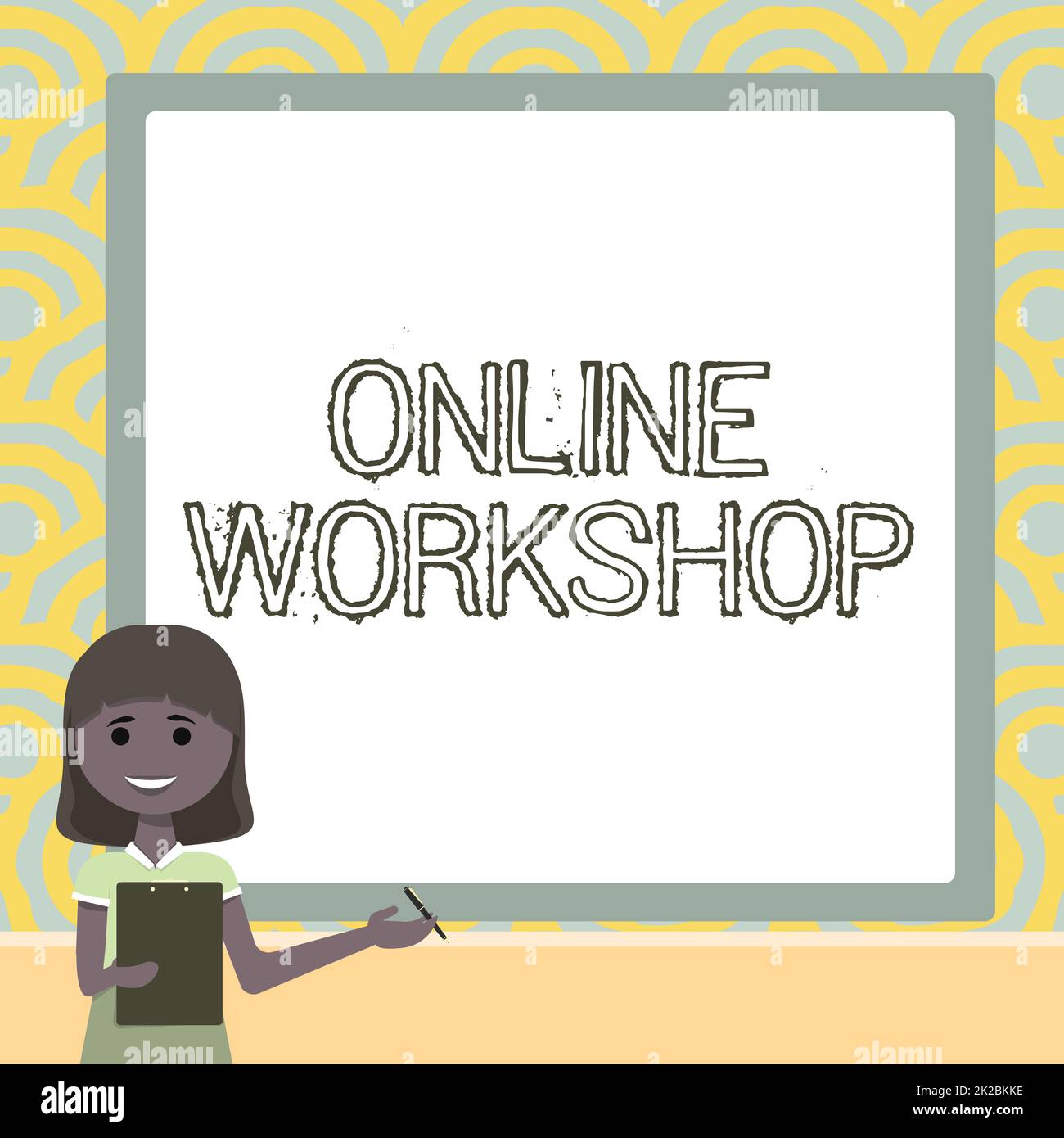 Textunterschrift präsentiert Online-Workshop, Konzept bedeutet intensive Diskussion und Aktivität zu einem bestimmten Thema Lady Drawing Standing Holding Clipb Stockfoto