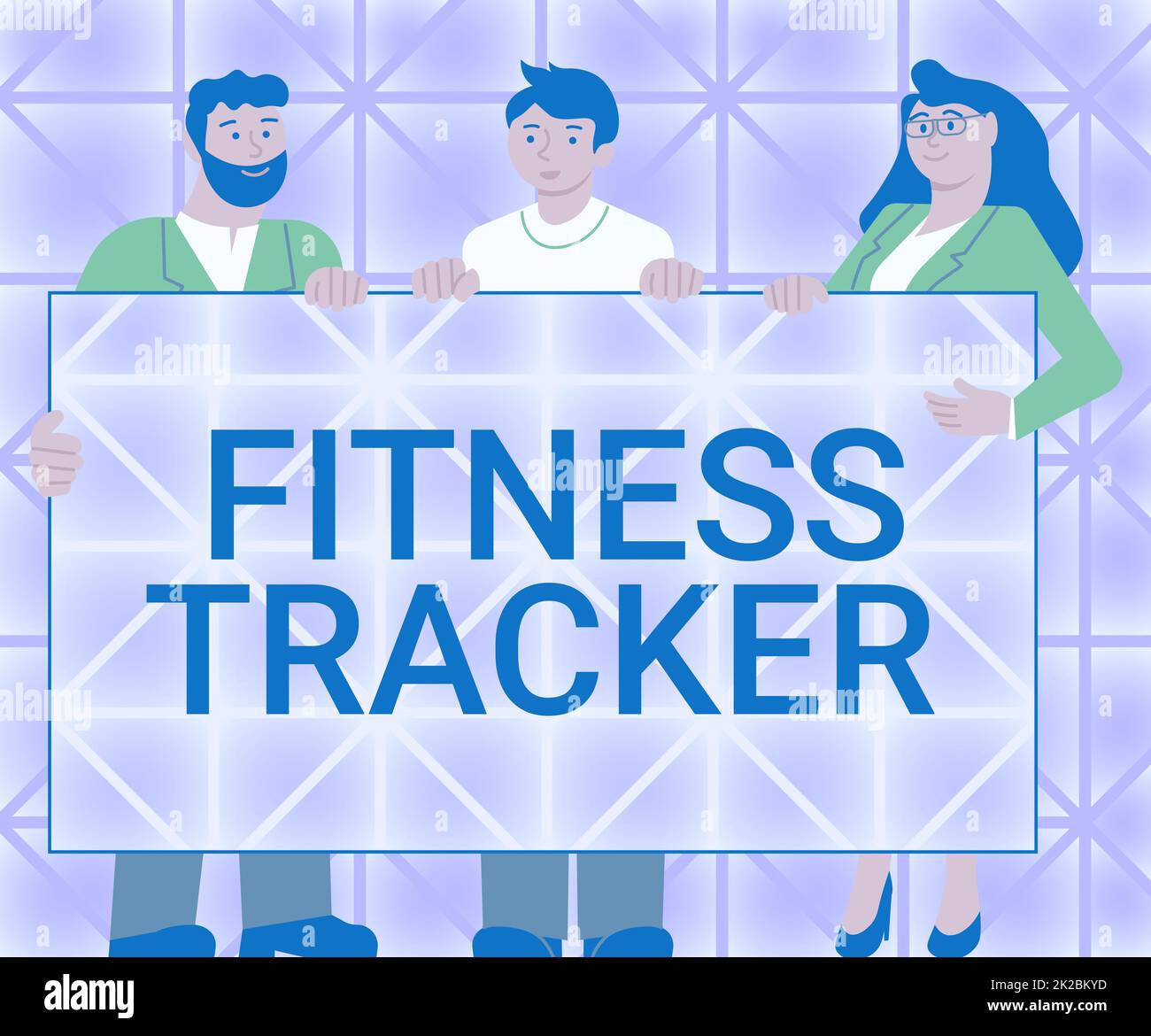 Schreiben zeigt Text Fitness Tracker an. Konzept bedeutet Gerät, das die tägliche körperliche Aktivität einer Person aufzeichnet drei Kollegen, die eine Präsentationstafel halten und neue Ideen zeigen. Stockfoto