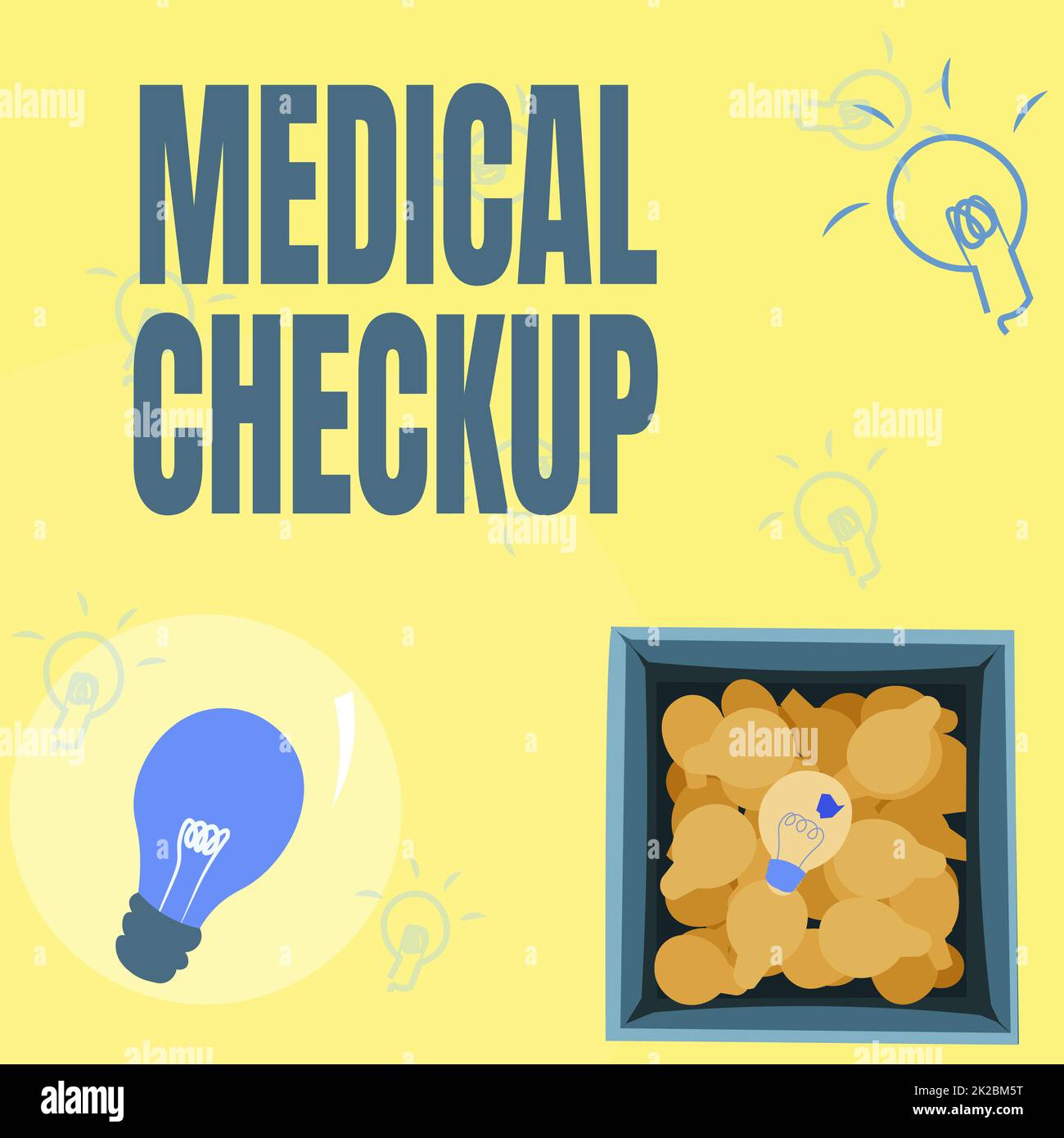 Begrifflicher Titel Medizinischer Check-up. Geschäftsübersicht gründliche körperliche Untersuchung zum Testen des Gesundheitszustands Glühbirnen Zeichnung in Box Entdecken frischer Entdeckungen. Stockfoto