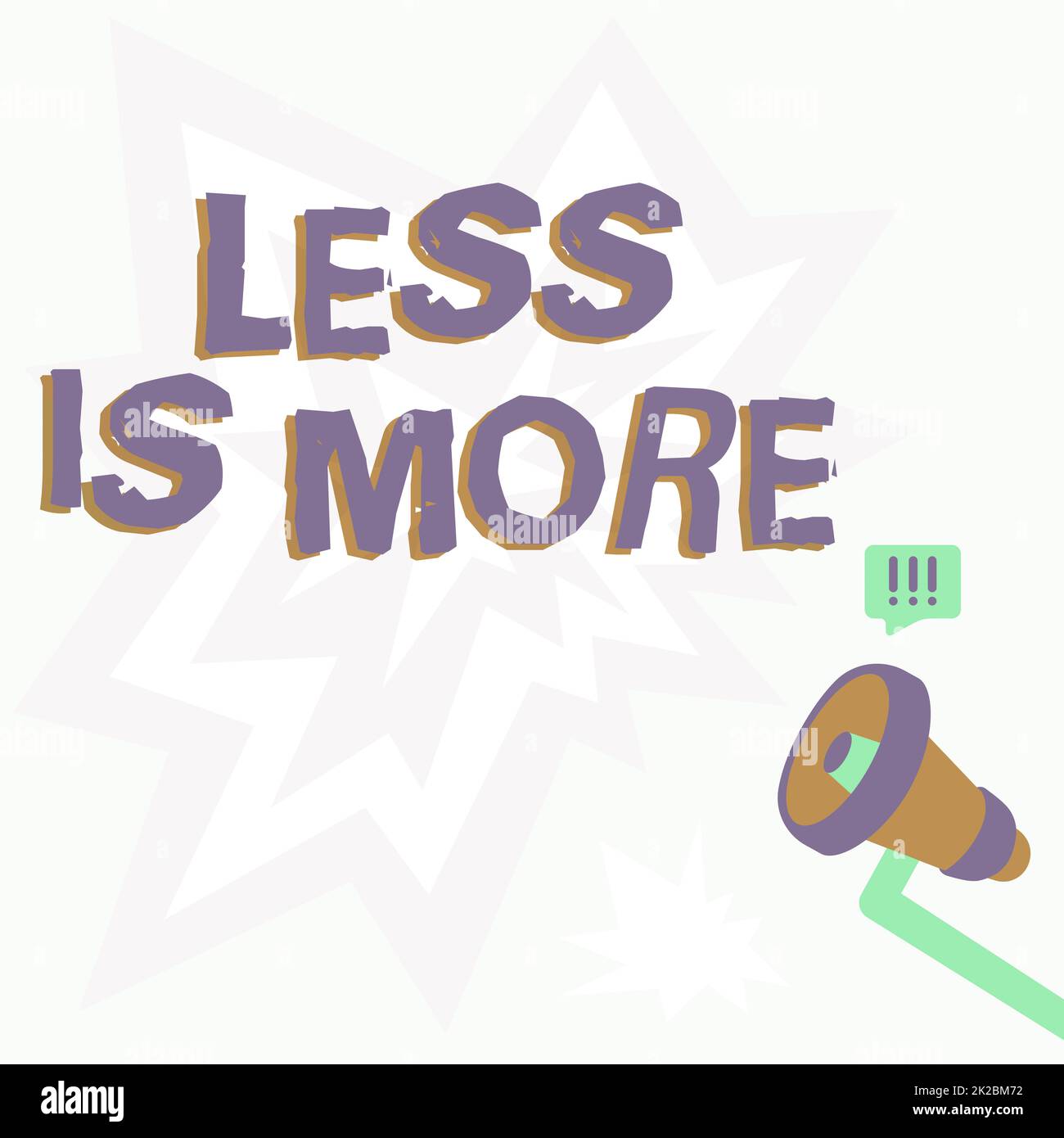 Schild „weniger ist mehr“ anzeigen. Das Wort, das auf einem minimalistischen Ansatz für künstlerische Materie geschrieben wurde, ist effektiver Megafone-Zeichnung mit Lightning Wave Sound für eine laute Ankündigung. Stockfoto