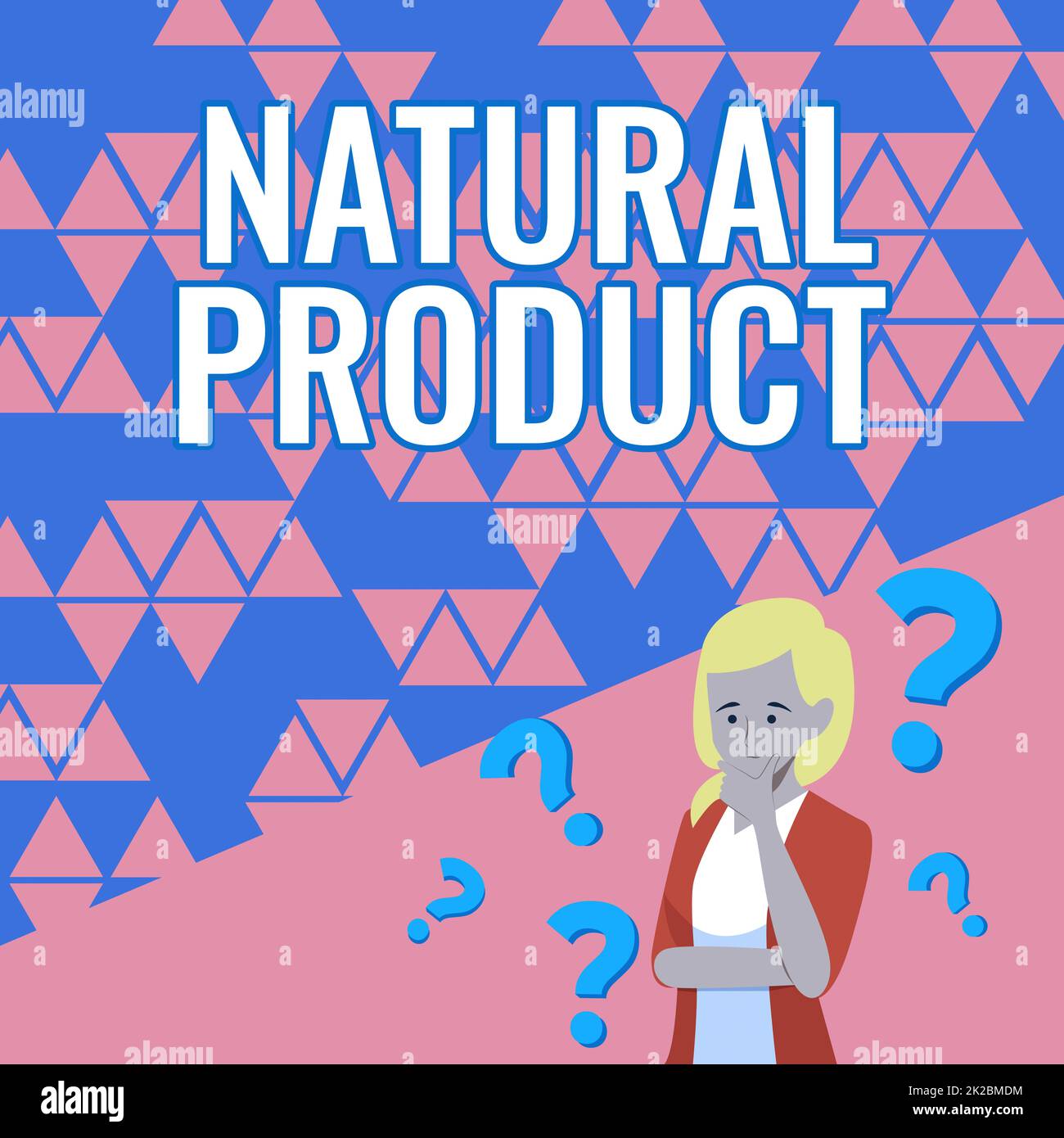 Schreiben mit Anzeige des Textes "Natural Product". Unternehmen präsentieren chemische Verbindungen oder Substanzen, die von einem lebenden Organismus produziert werden Lady Drawing, das Brainstorming zu neuen Lösungen mit Fragezeichen durchführt. Stockfoto