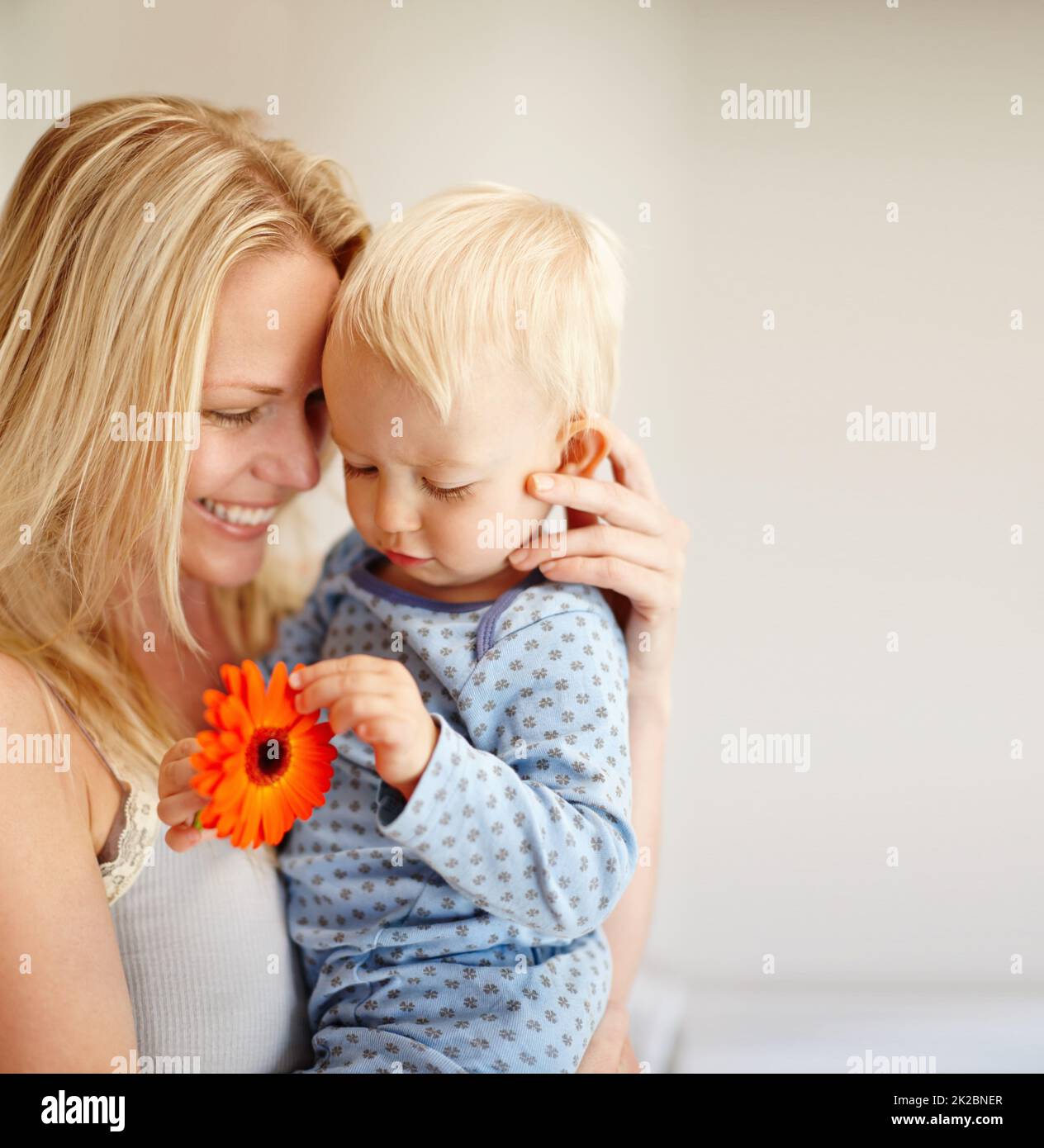 Besondere Momente der Mutterschaft. Eine liebevolle Mutter hält ihren Sohn, während er auf eine orangefarbene Blume blickt. Stockfoto