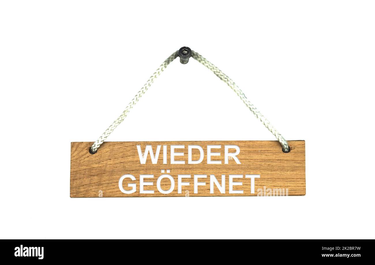 Wieder öffnen deutsch auf Holzplanke mit Seil Stockfoto