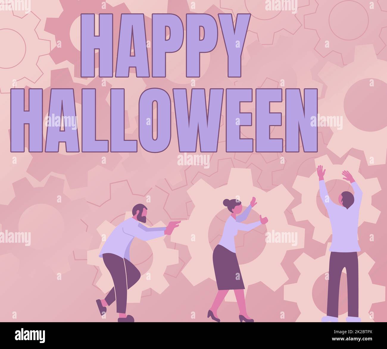 Handschrift für Happy Halloween. Ein Wort, das am Abend vor den christlichen Heiligen Tagen des Allerheiligen Tages geschrieben wurde. Kollegen, die Zahnräder tragen und einen neuen Arbeitsablauf arrangieren. Teamwork erreichen. Stockfoto