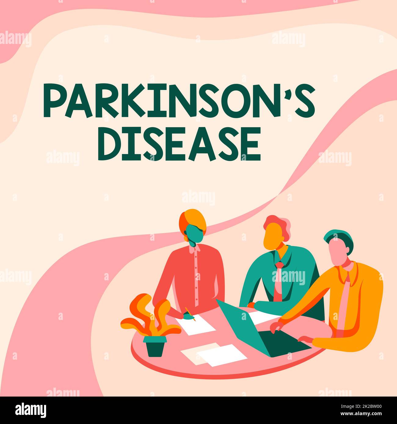 Textzeichen mit Parkinson-Krankheit. Konzept bedeutet Störung des Nervensystems, die Bewegungskollegen beeinflußt Zeichnen auf einem Schreibtisch mit Laptop und Diskussion. Stockfoto