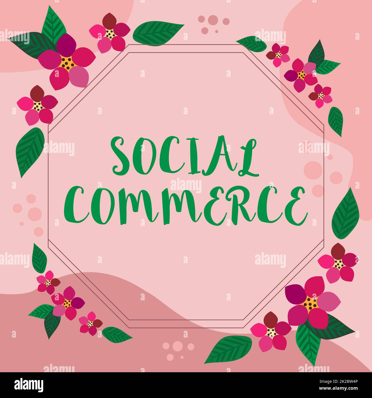 Textüberschrift für Social Commerce. Business Concept nutzt soziale Netzwerke beim Kauf von Produkten Rahmen dekoriert mit farbenfrohen Blumen und Blattwerk harmonisch angeordnet. Stockfoto