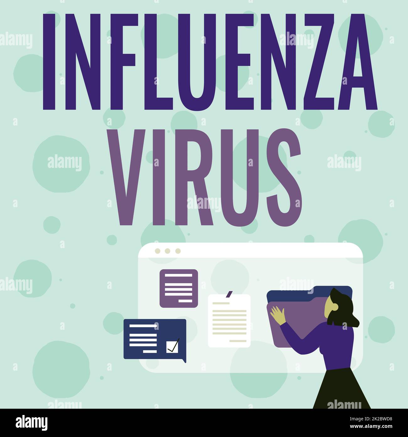 Schreiben Anzeigetext Influenza Virus. Wort für eine Infektionskrankheit verursacht durch eine Grippevirus Frau arrangieren Browser Geschichte, Editing Organisieren Online Dateien Stockfoto