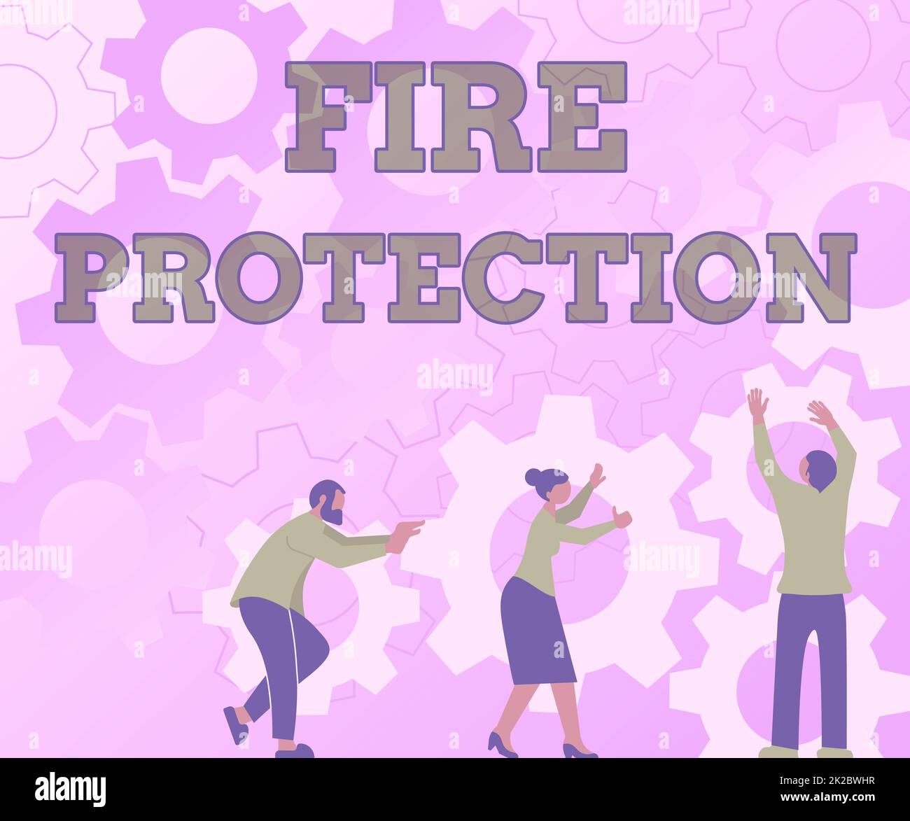 Konzeptionelle Darstellung Brandschutz Wort für Maßnahmen, die ergriffen wurden, um zu verhindern, dass ein Brand zerstörerische Kollegen mit Zahnrädern, die einen neuen Arbeitsablauf organisieren und Teamwork erreichen. Stockfoto