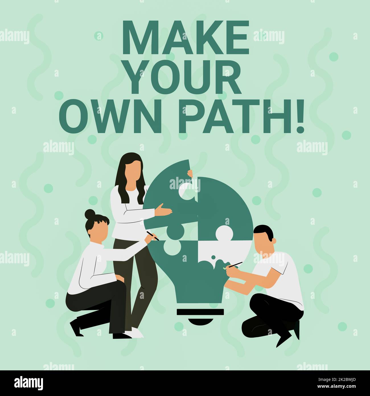 Textzeichen mit „Make Your Own Path“. Geschäftskonzept Schöpfen Sie Ihr persönliches Schicksal und Chancen Mitarbeiterzeichnungen helfen sich gegenseitig Glühbirnen Puzzle. Stockfoto