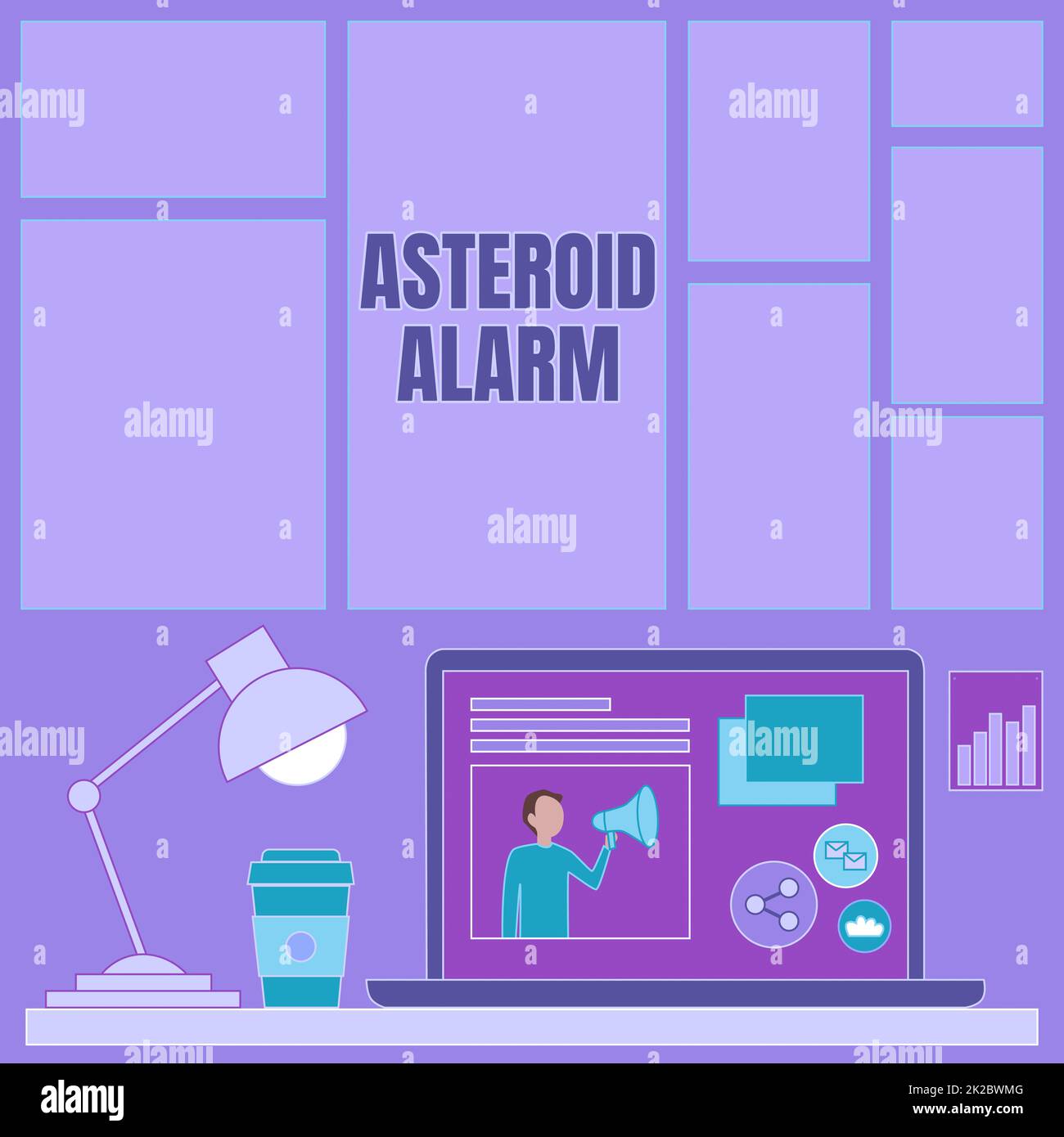 Textbeschriftung mit Asteroid-Alarm. Geschäftsansatz Warnung zur Vorbereitung der Städte in einem Weltraumfelsen ist Flugweg Laptop auf Einem Tisch neben Kaffeetasse und Schreibtischlampe, die den Arbeitsprozess zeigt. Stockfoto