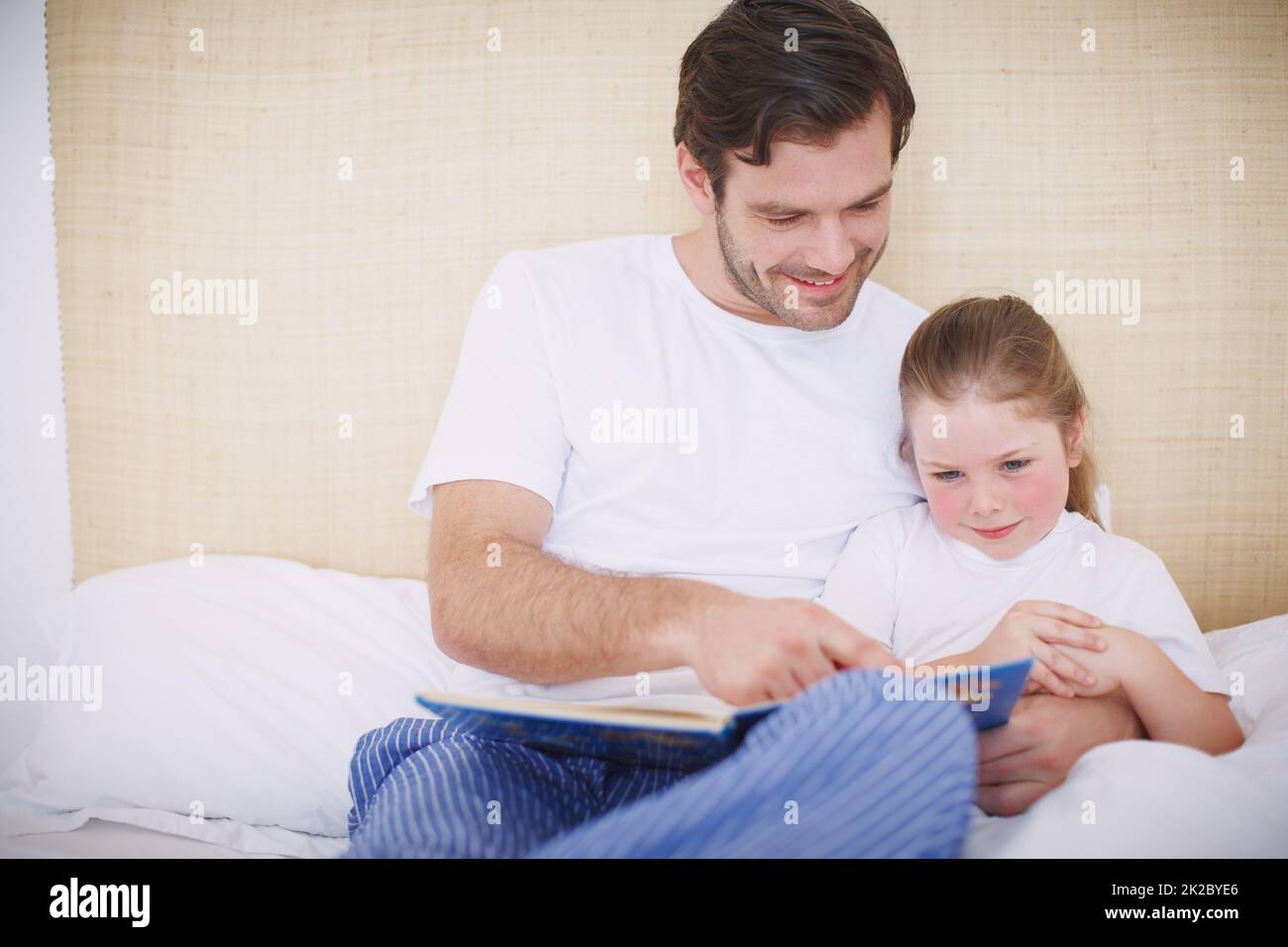 Wenn man sich alle Bilder ansieht. Aufnahme eines engagierten Vaters, der seine junge Tochter vor dem Schlafengehen las. Stockfoto