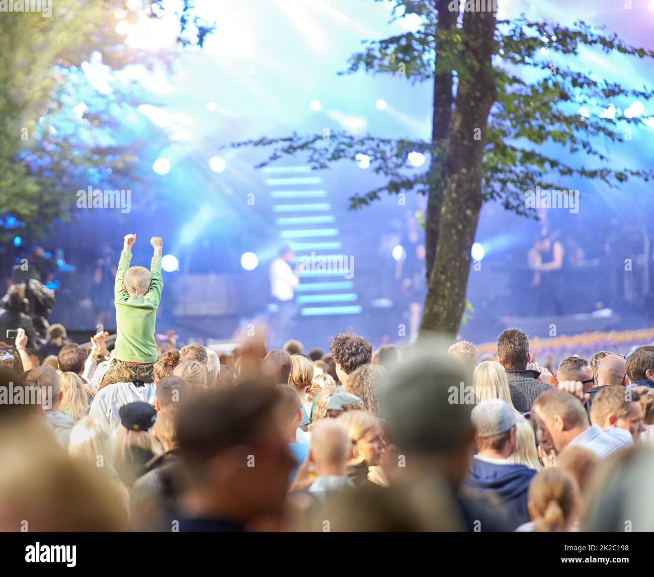 Die Menge liebt es. Rückansicht einer Menge Fans, die bei einem Musikevent im Freien jubeln. Stockfoto