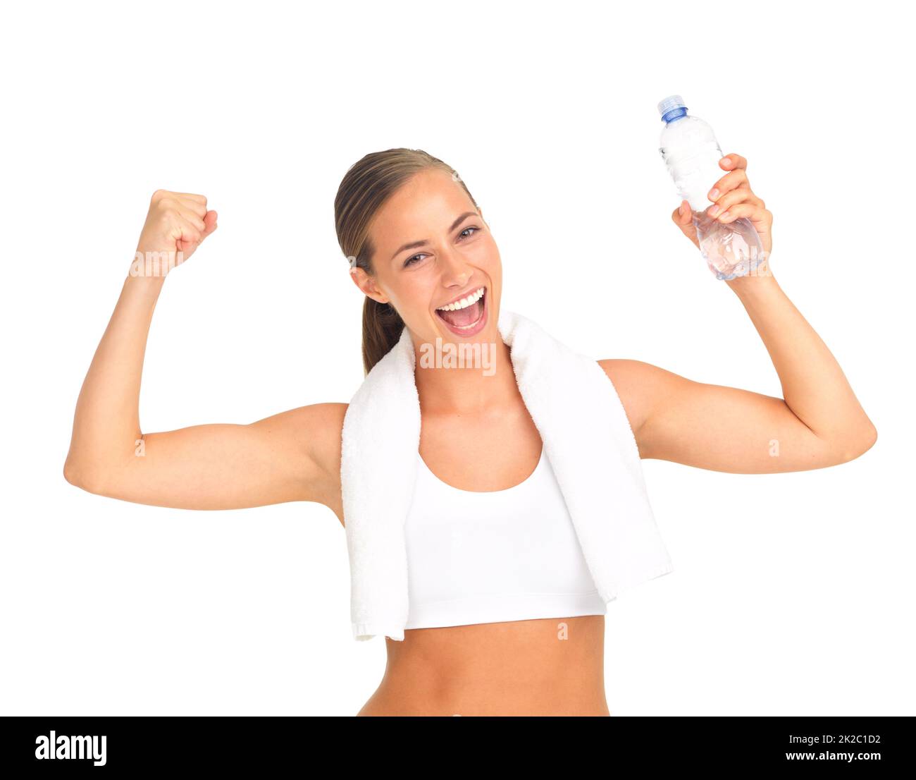 Sie ist positiv über ihren gesunden Lebensstil. Studioportrait einer sportlichen jungen Frau isoliert auf Weiß. Stockfoto