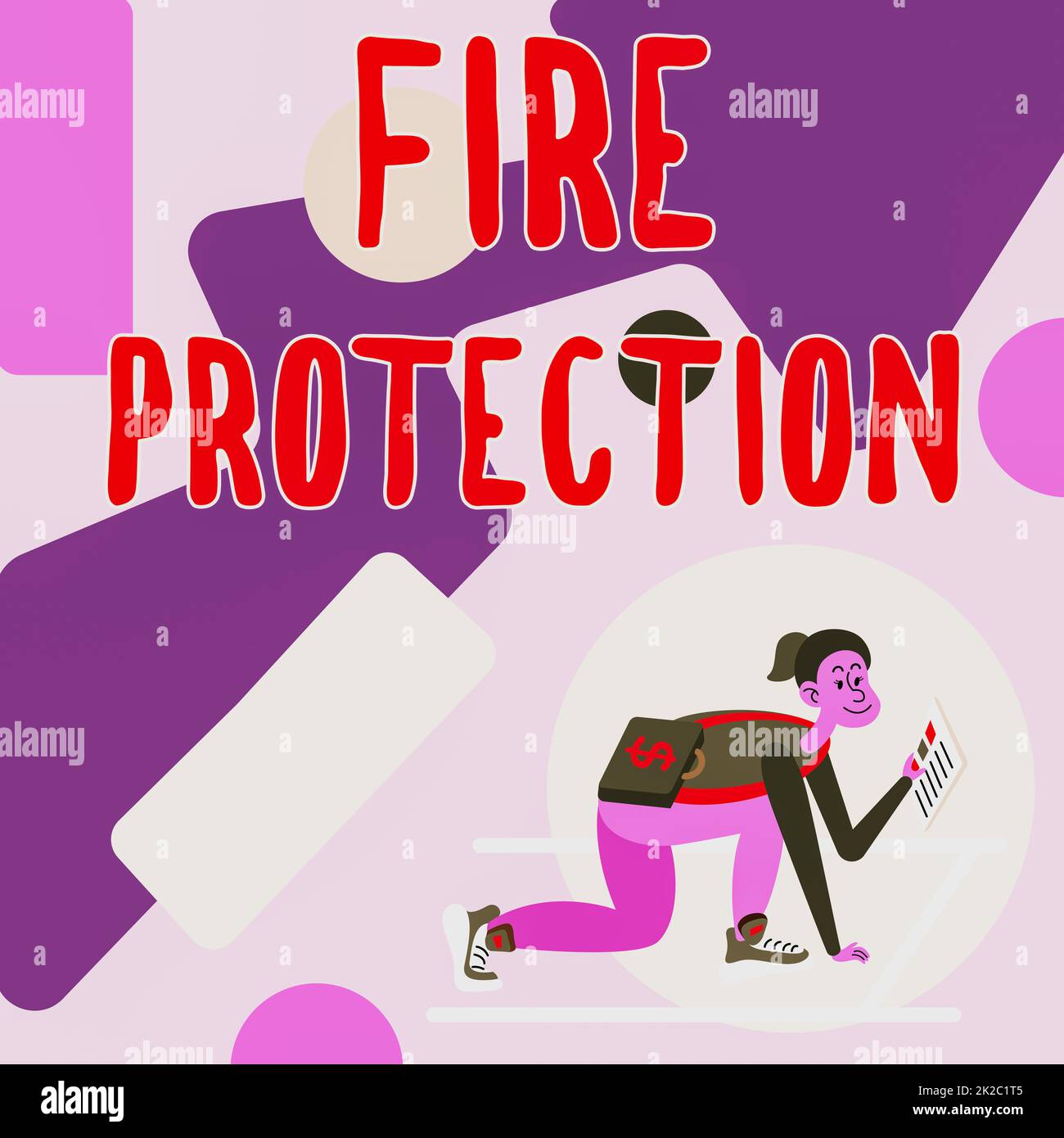 Schild mit Brandschutz. Internet-Konzept Maßnahmen, um zu verhindern, dass ein Brand zu einer zerstörerischen Frau wird, die einen Aktenkoffer trägt, Zeitungen liest, die sich auf Investitionen vorbereiten. Stockfoto