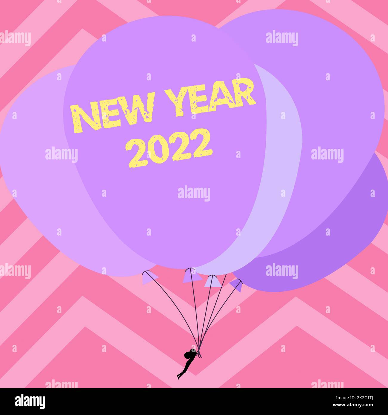 Schild mit der Aufschrift Silvester 2022. Geschäftsansatz Begrüßung feiert Holiday Fresh Start Best Wishes man Holding farbenfrohe Ballons Drawing around Striped Background. Stockfoto