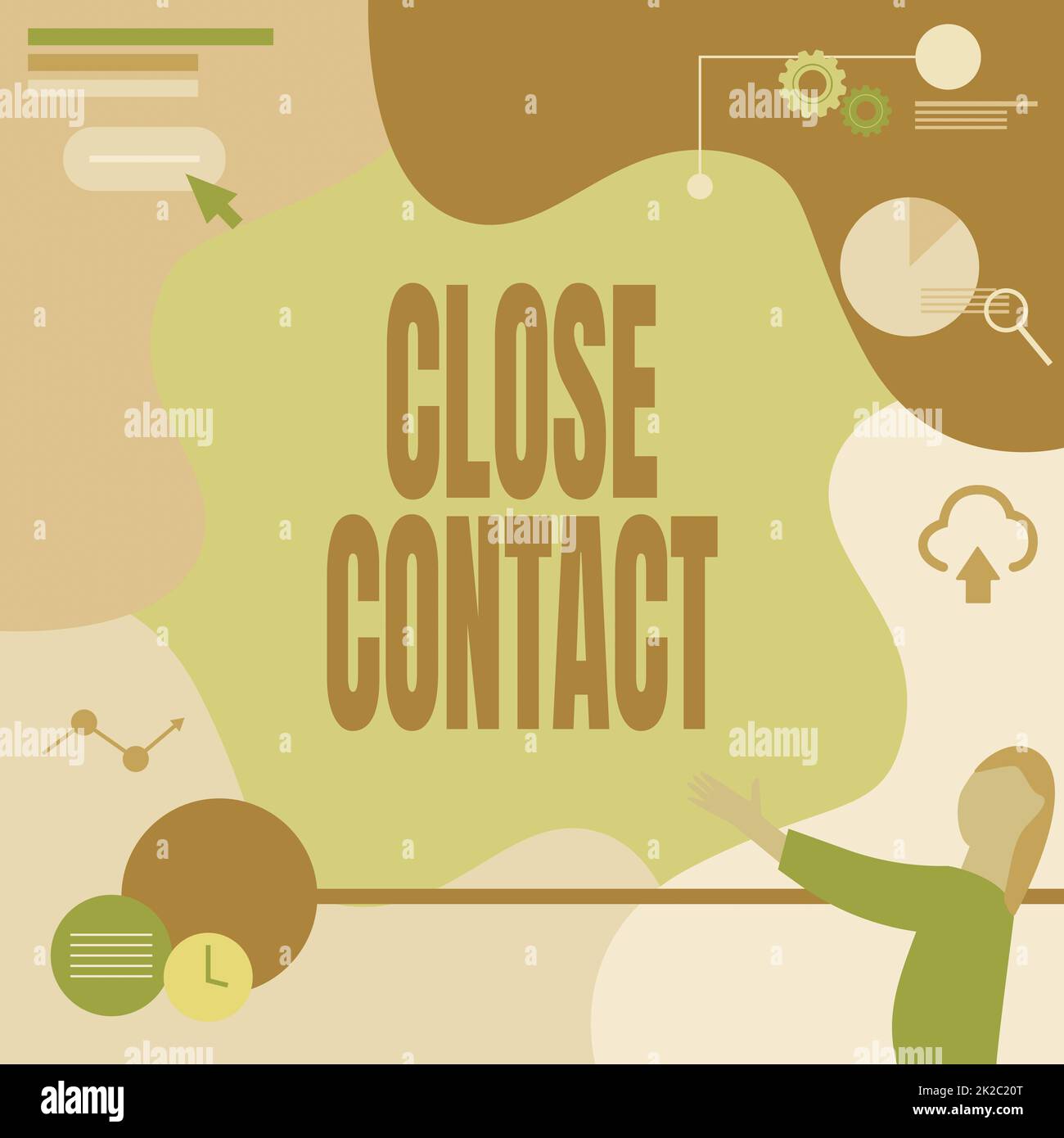 Schreiben mit Anzeige des Textes Kontakt schließen. Konzept bedeutet, dass Sie in der Vergangenheit direkt einer Kasepatientin ausgesetzt waren, die eine Zeichnung im Stehen gemacht hat, Projektor Fernsteuerung, die Tortendiagramme präsentiert Stockfoto