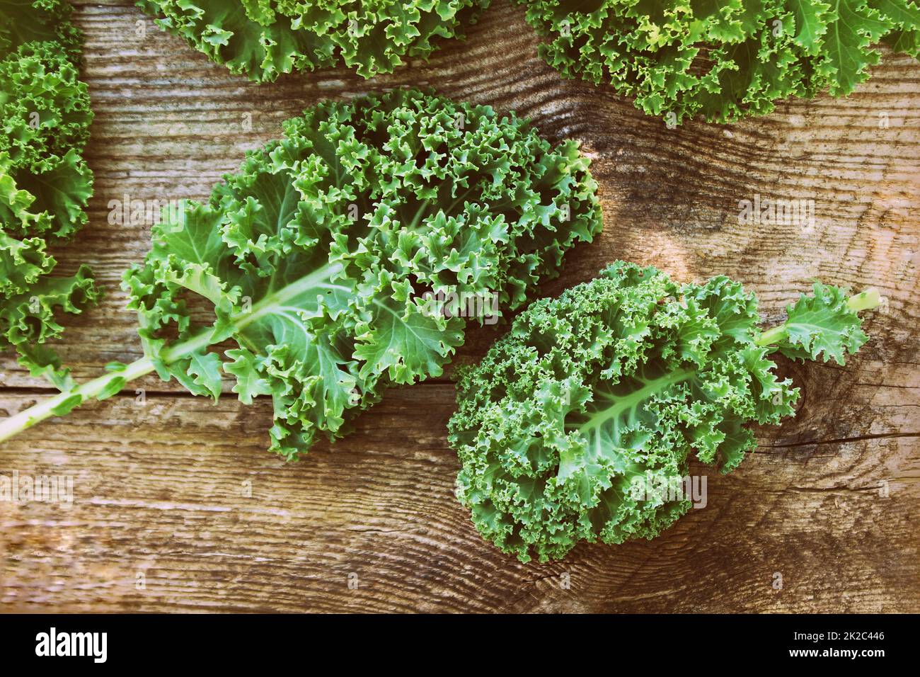 Frische Blätter von Kohl Kohl auf hölzernen Hintergrund. Grünes Gemüse lässt. Ansicht von oben. Gesunde Ernährung, vegetarische Ernährung Stockfoto