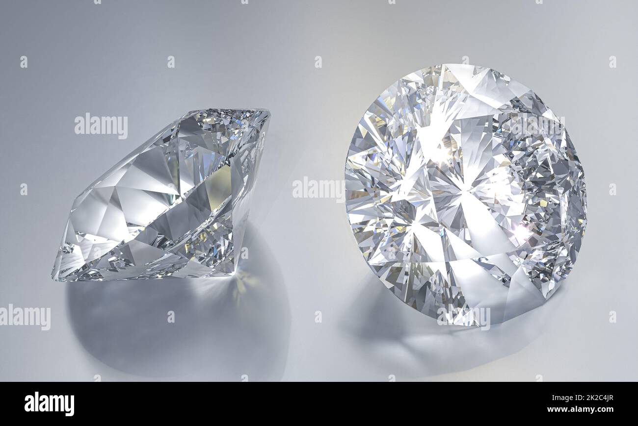 Klassisch geschnittene Diamanten auf grauem Hintergrund. Stockfoto