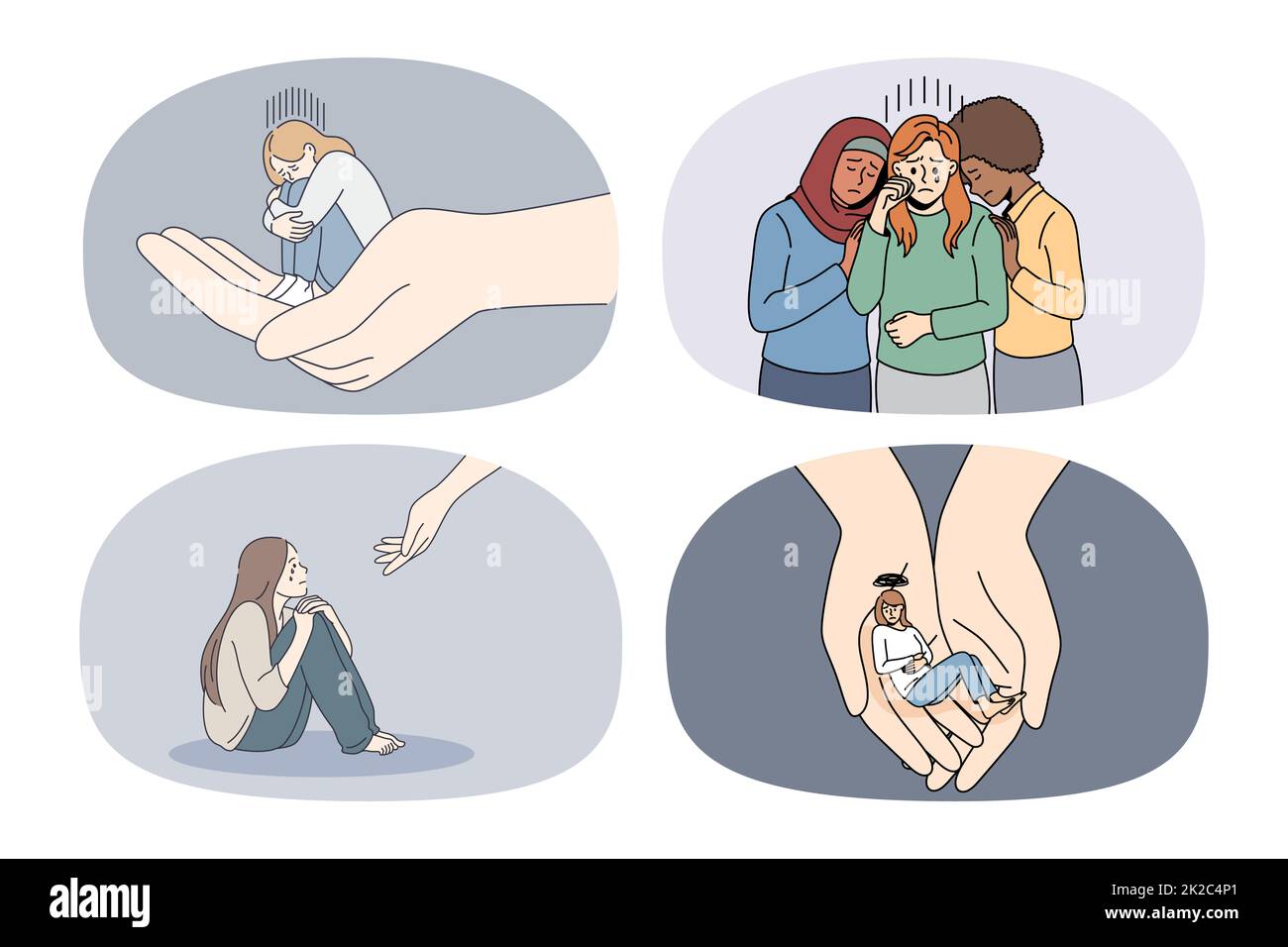 Eine Gruppe unglücklicher Mädchen, die mit Einsamkeit und Depression kämpfen Stockfoto