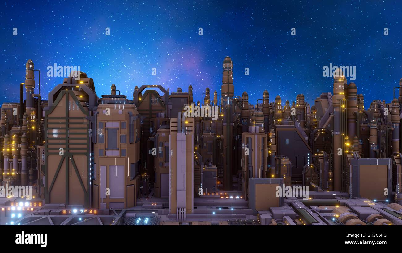 Science-Fiction-Stadt Raumbauten Alien-Technologie Planet 3D Illustration Stockfoto