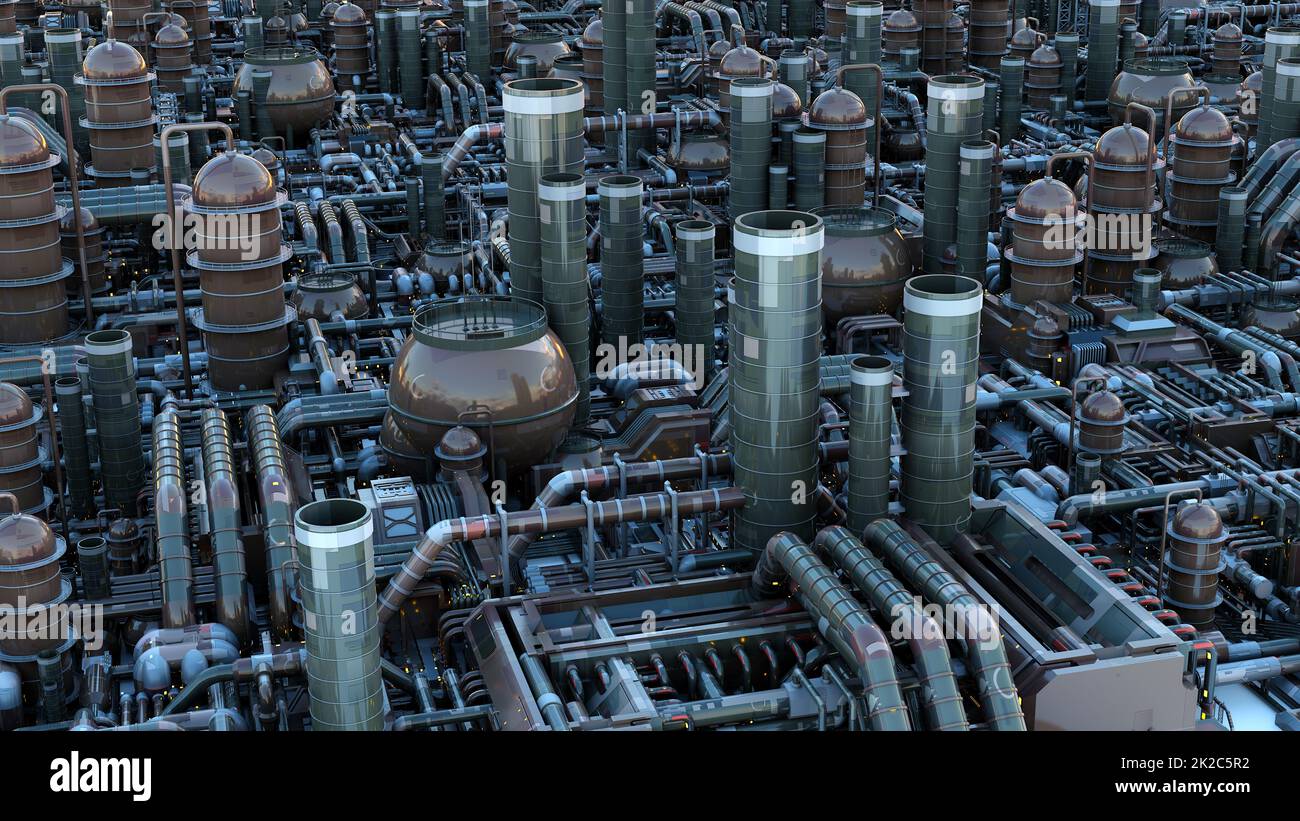 Science-Fiction-Stadt futuristische Metallgebäude Alien-Planet 3D Illustration Stockfoto