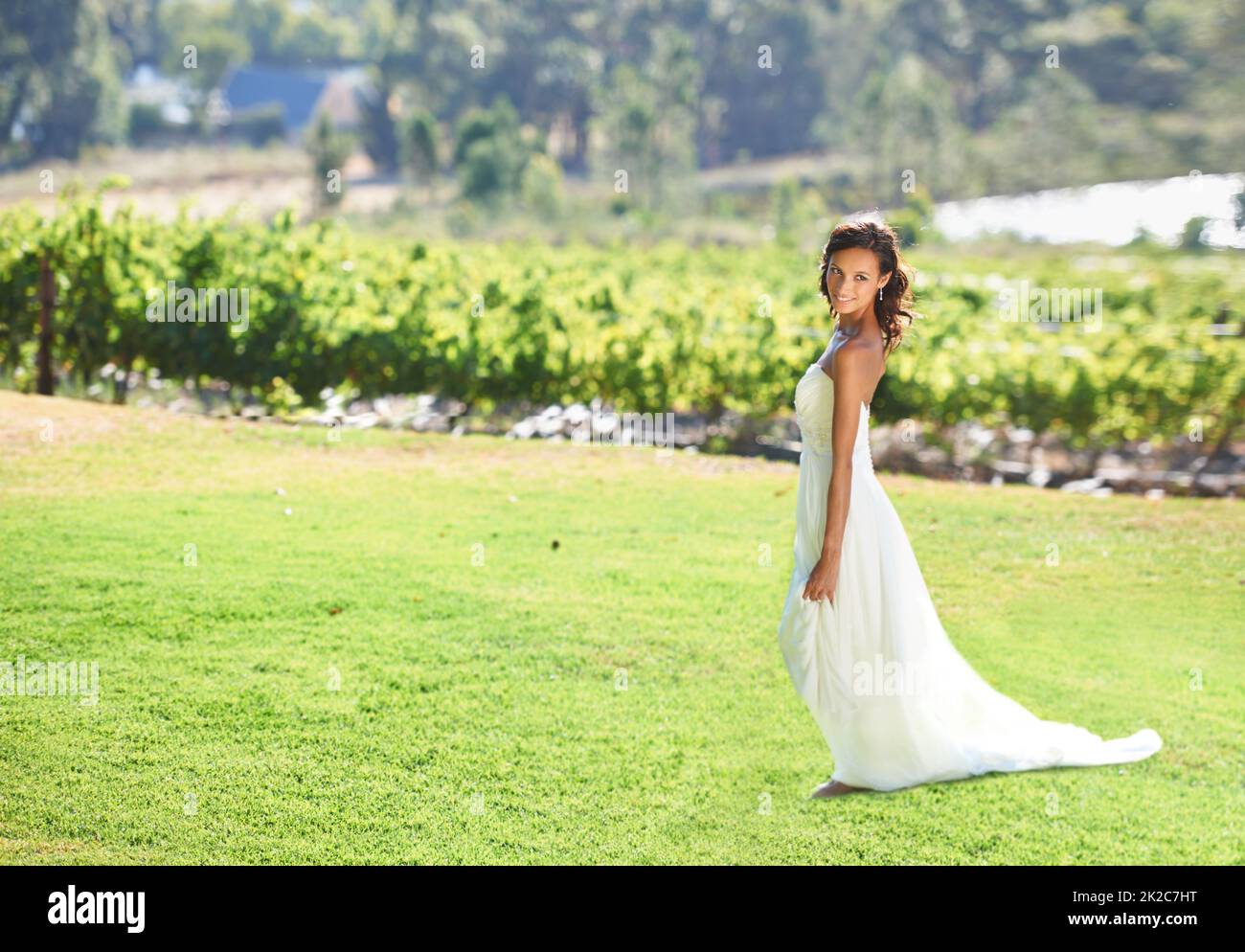 Shes eine Vision in Weiß. Eine wunderschöne Braut, die vor einem Weinberg steht. Stockfoto
