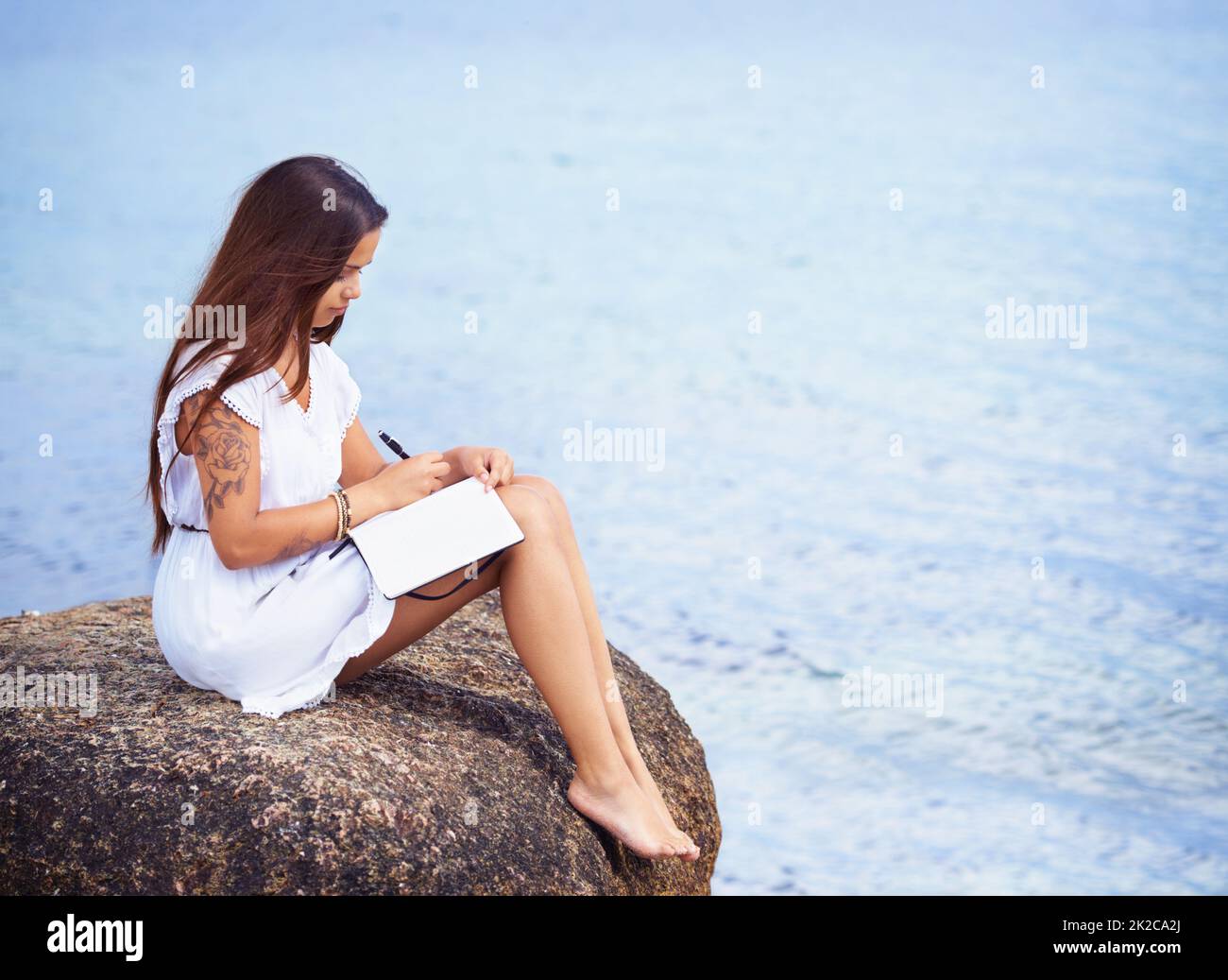 Tiefgehende Einblicke umgeben von ruhiger Natur. In voller Länge eine wunderschöne tätowierte junge Frau, die auf einem Felsen sitzt und in einem Tagebuch schreibt. Stockfoto