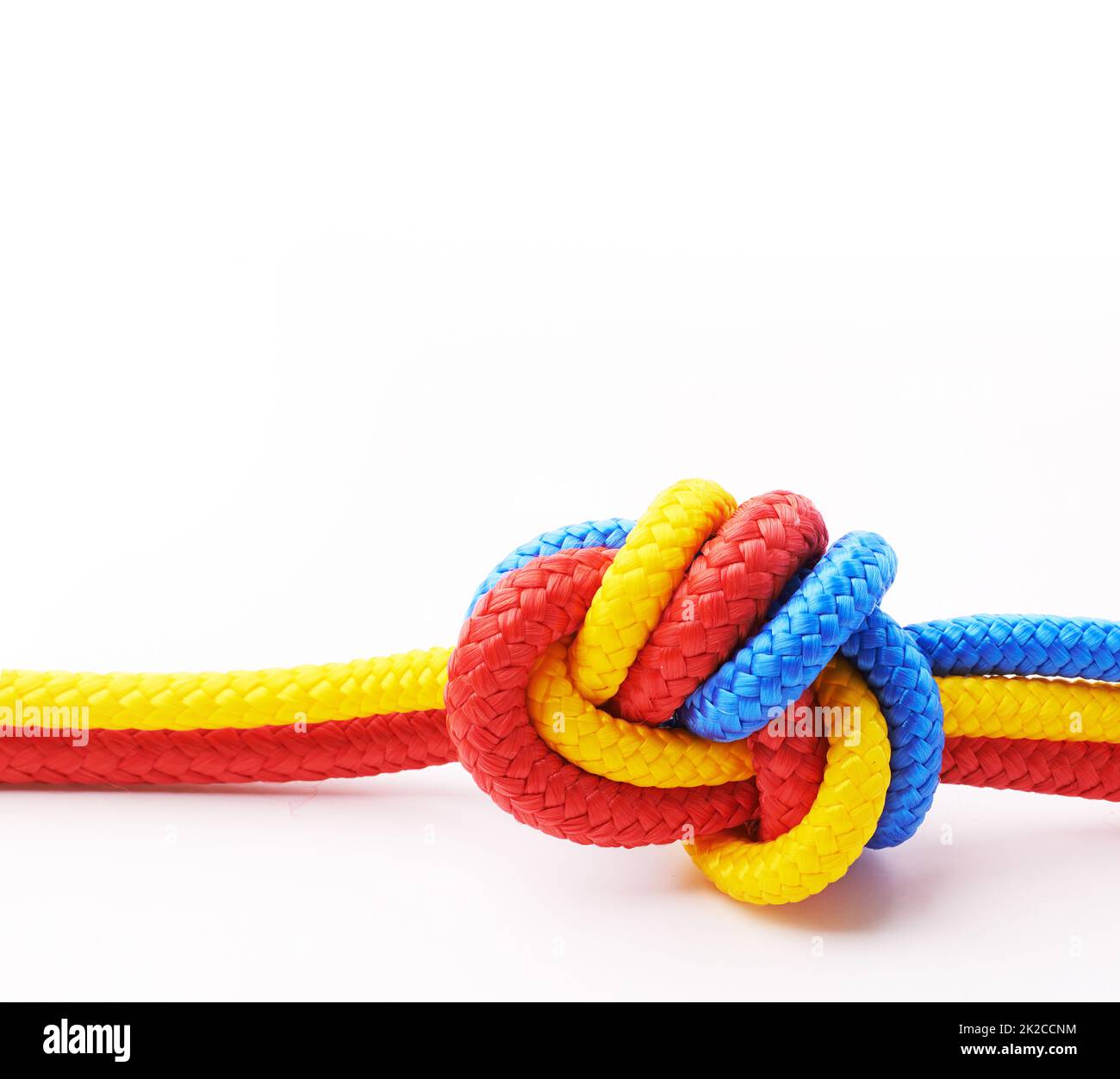 Der Knoten, der sich nicht lösen soll. Studio Schuss Seile verknotet isoliert auf weiß. Stockfoto