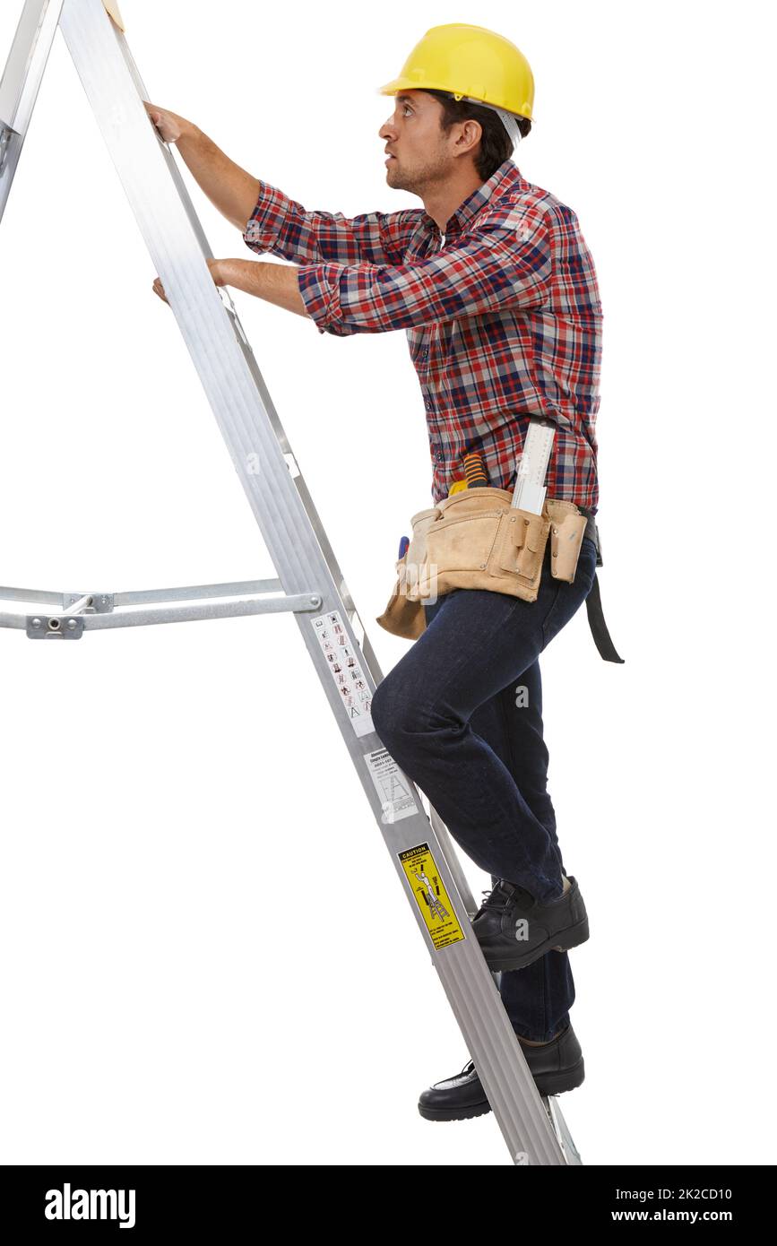 Klettert seinen Weg nach oben. Aufnahme eines Handwerkers, der seine Leiter klettert. Stockfoto