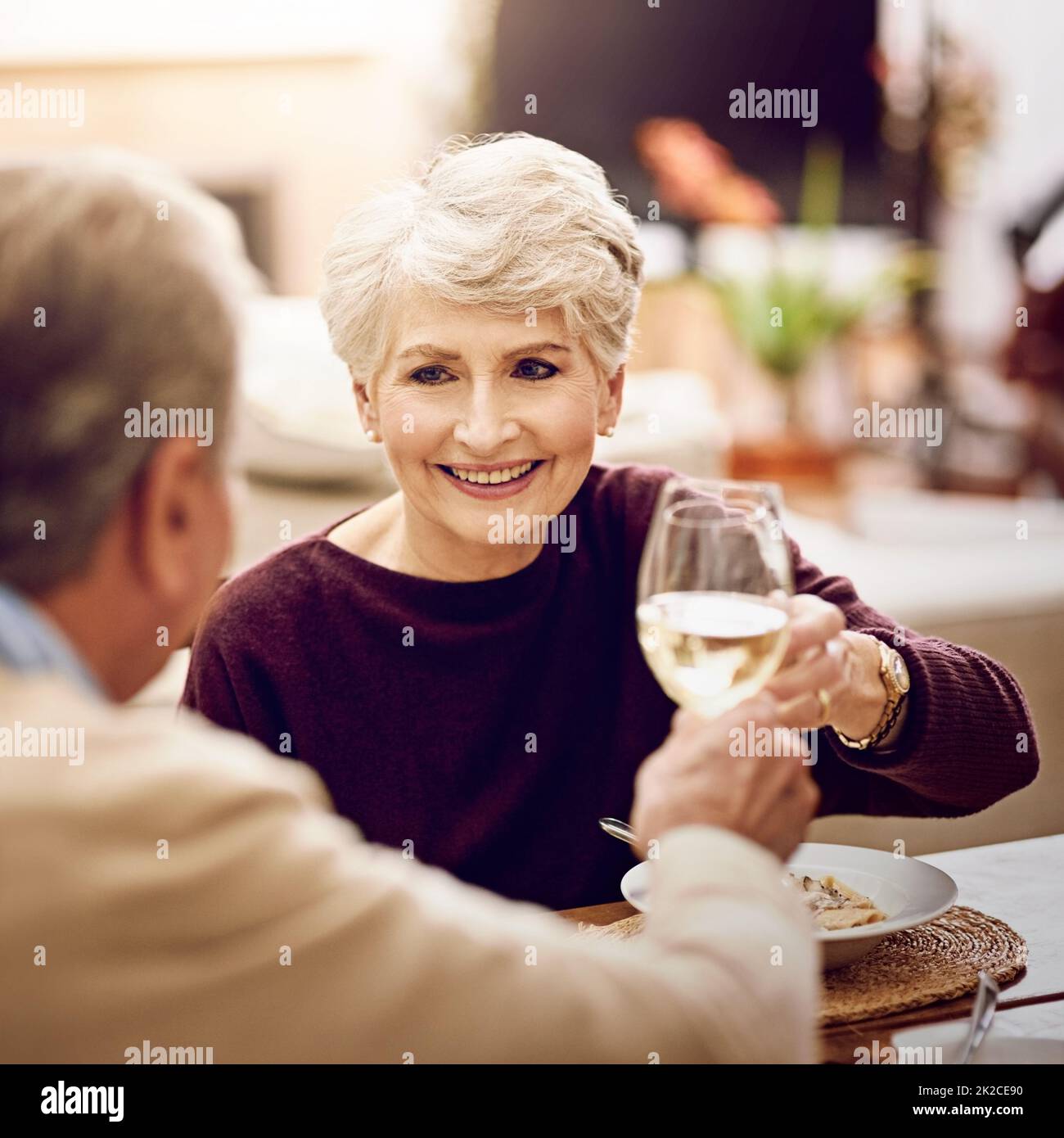 Prost zu dir, mein Liebling. Aufnahme eines älteren Paares, das mit Weingläsern röste, während sie zu Hause eine Mahlzeit genießen. Stockfoto