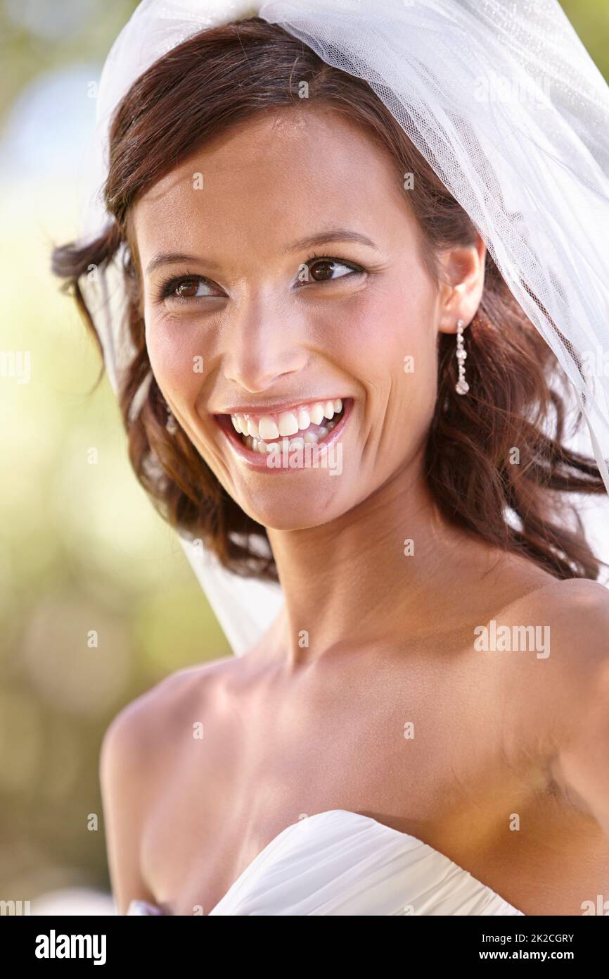 Shes eine errötete Braut. Wunderschöne junge Braut schaut weg in ihrem Hochzeitskleid und Schleier. Stockfoto