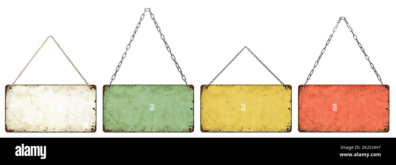 Vier leere Vintage-Blechschilder hängen auf weißem Hintergrund Stockfoto