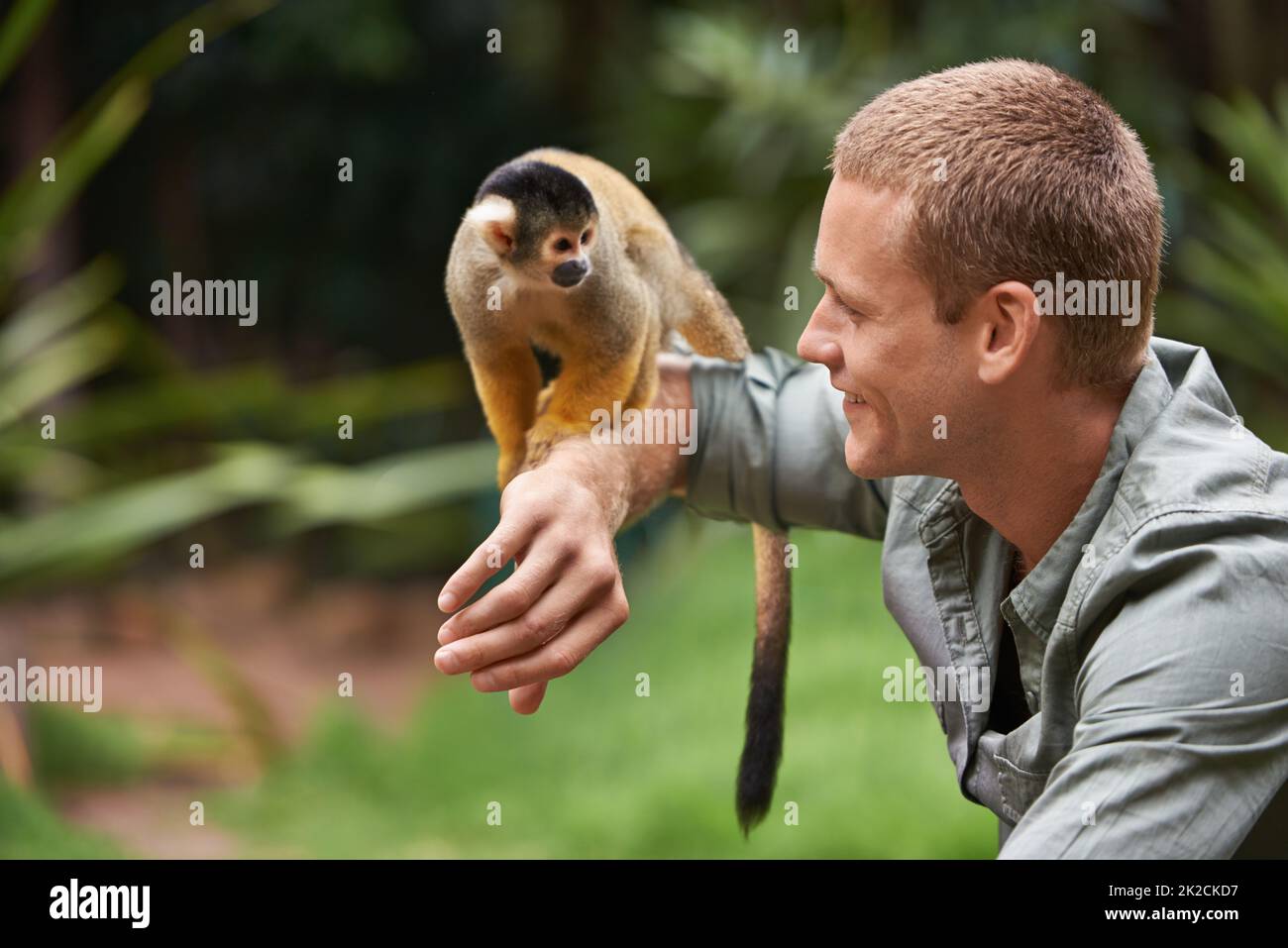 Hallo, kleiner Kerl. Aufnahme eines jungen Mannes, der in einem Wildpark mit einem kleinen Affen interagiert. Stockfoto