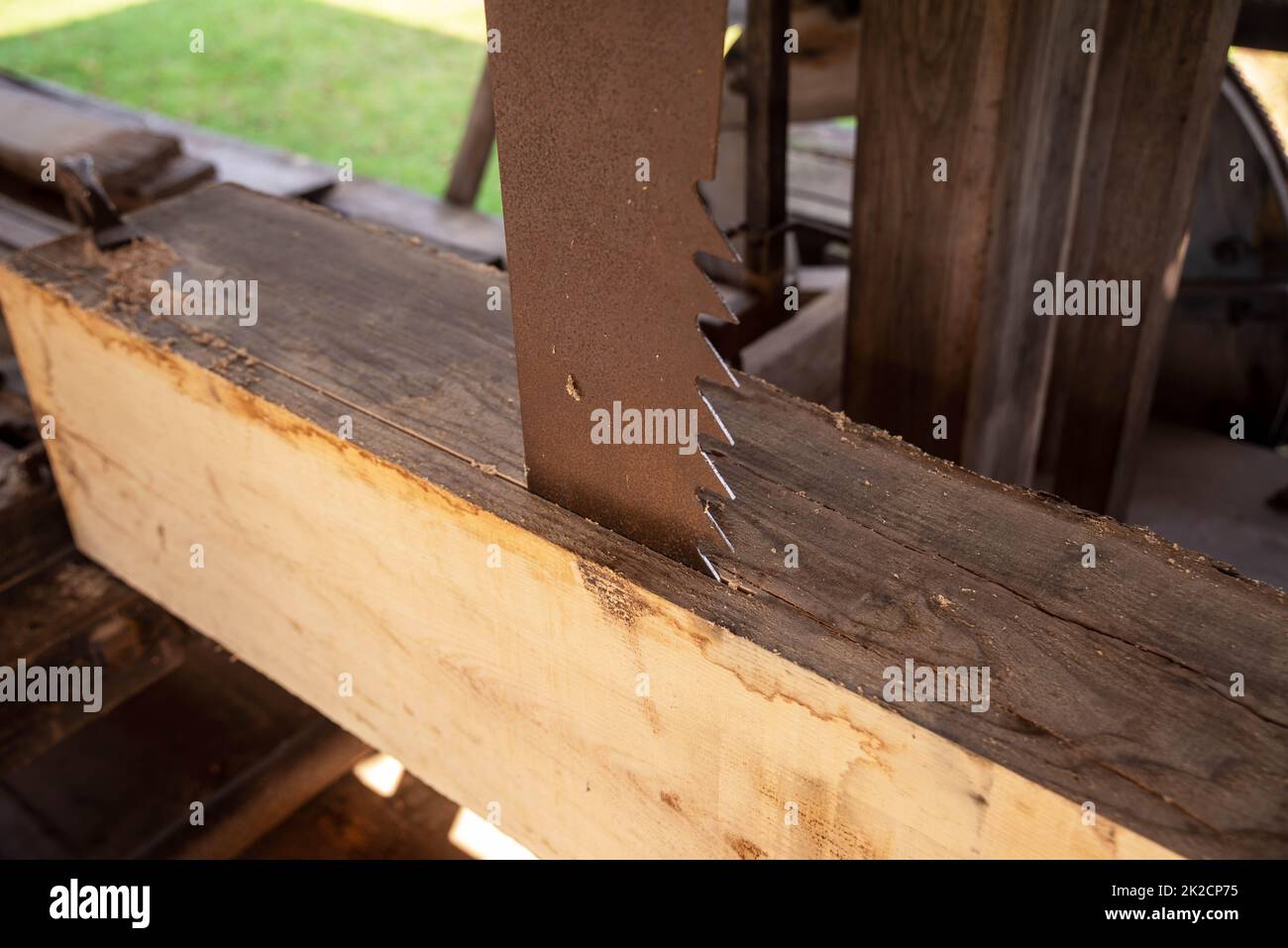 Vertikales Sägeblatt schneidet Holz in einem kolonialen Sägewerk Stockfoto