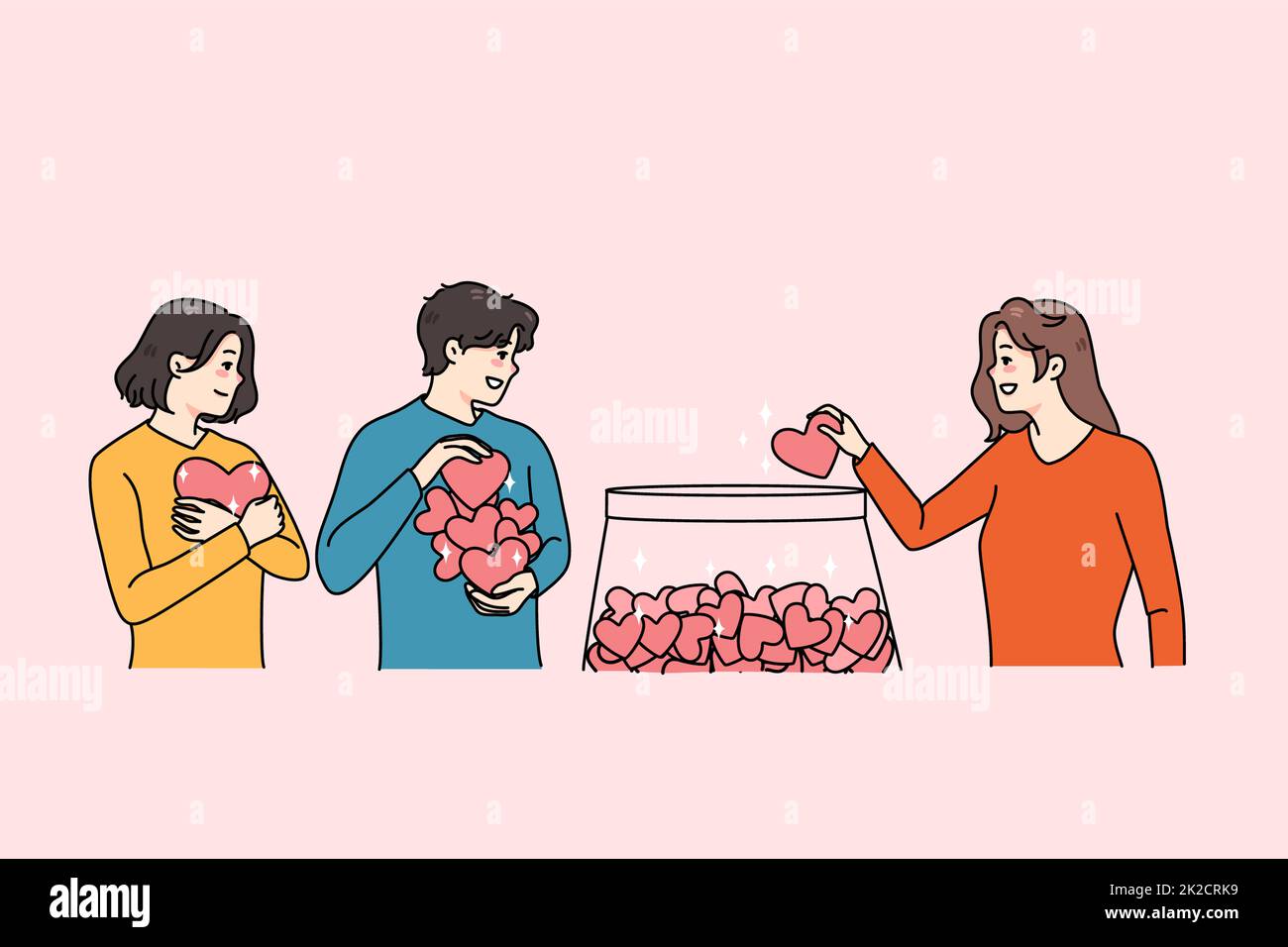 Glückliche Menschen stecken Herzen in ein Glas für wohltätige Zwecke Stockfoto