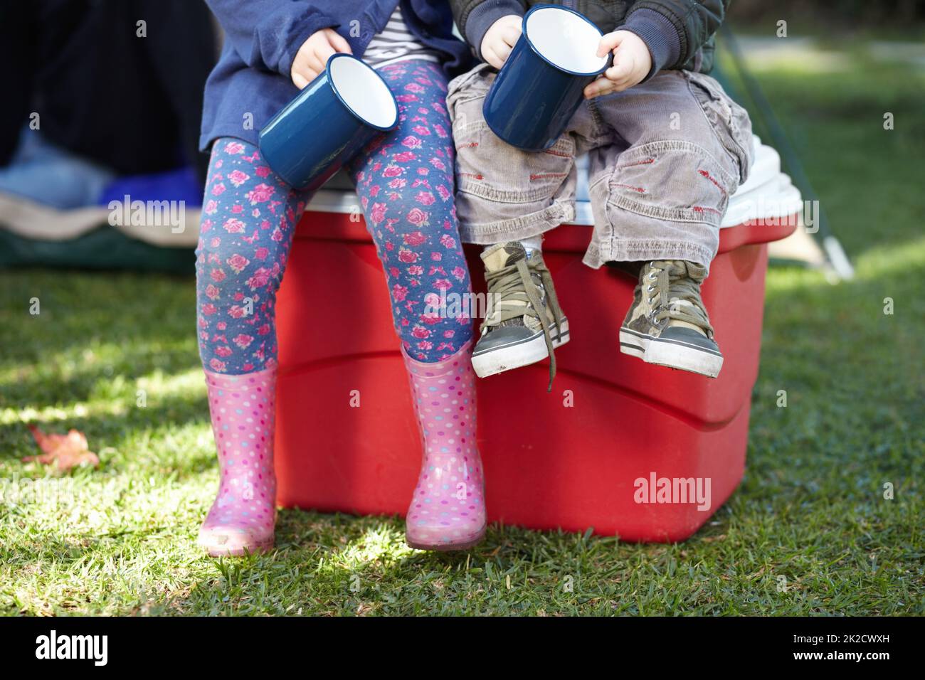 Kleine Camper einfach nur entspannend. Beschnittene Ansicht von zwei kleinen Kindern, die Blechbecher halten, während sie auf einer Kühlbox sitzen. Stockfoto