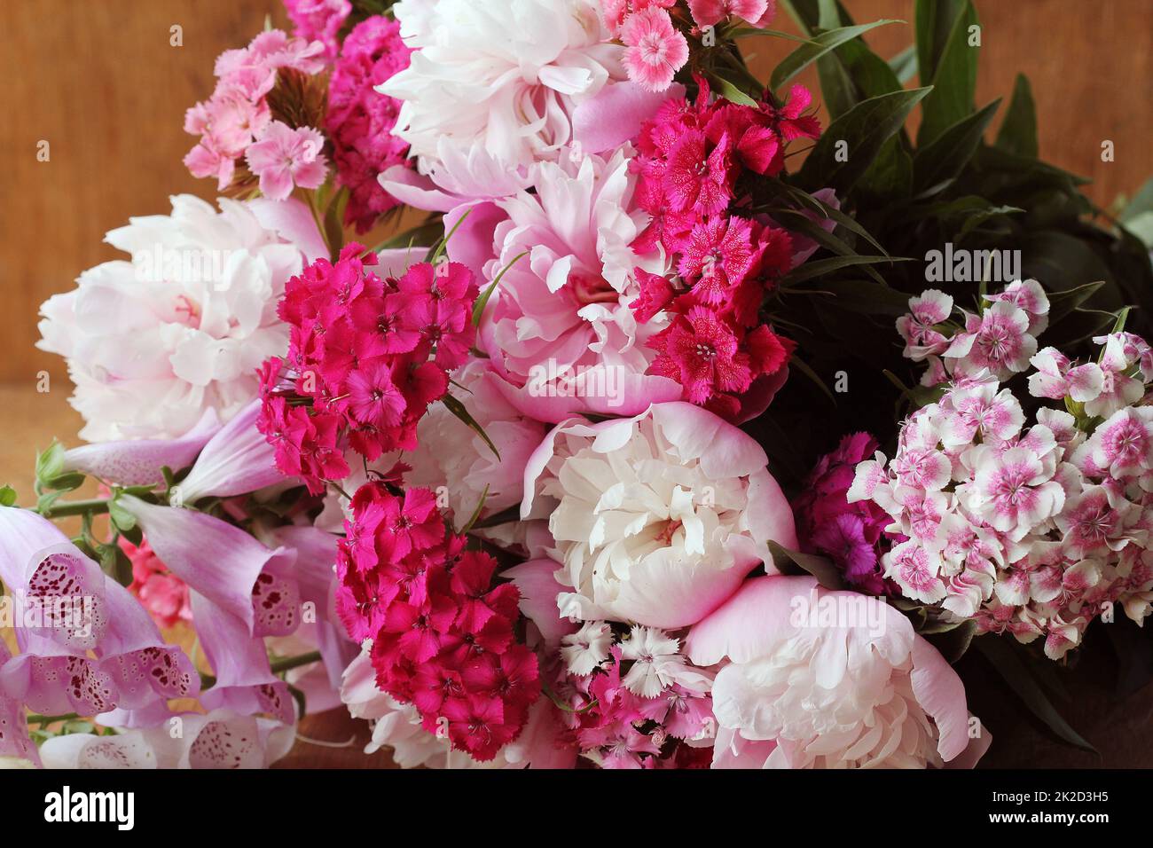 Wunderschöne Sommerblumen. Strauß aus rosa Pfingstrosen und Dianthus barbatus Hintergrund Stockfoto