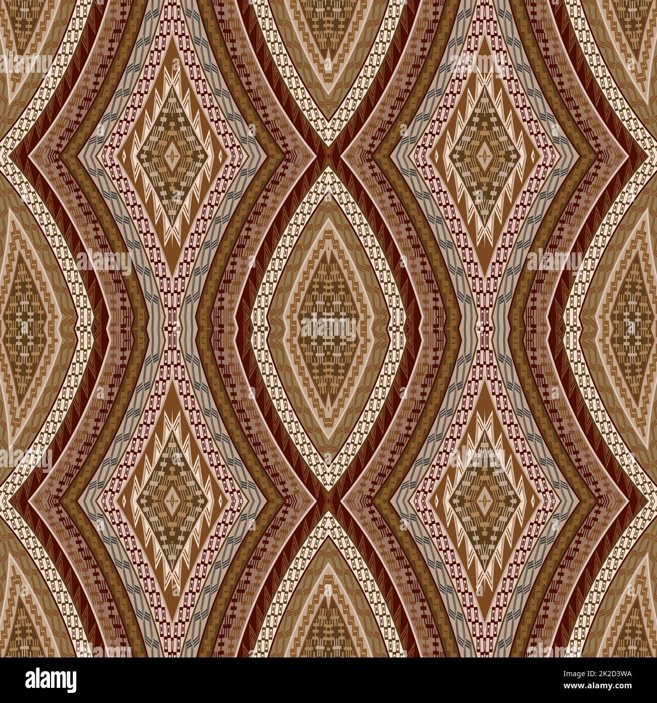 Geometrisches, dekoratives Nahtmuster mit braunen Ethno-Motiven Stockfoto