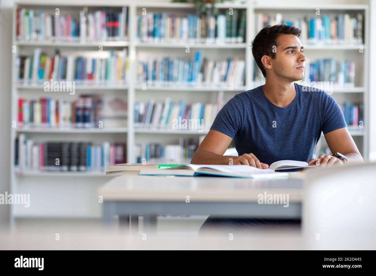 Studenten in einer Bibliothek - stattliche Schüler lesen ein Buch für seine Kategorie in einer hellen, modernen Bibliothek Stockfoto