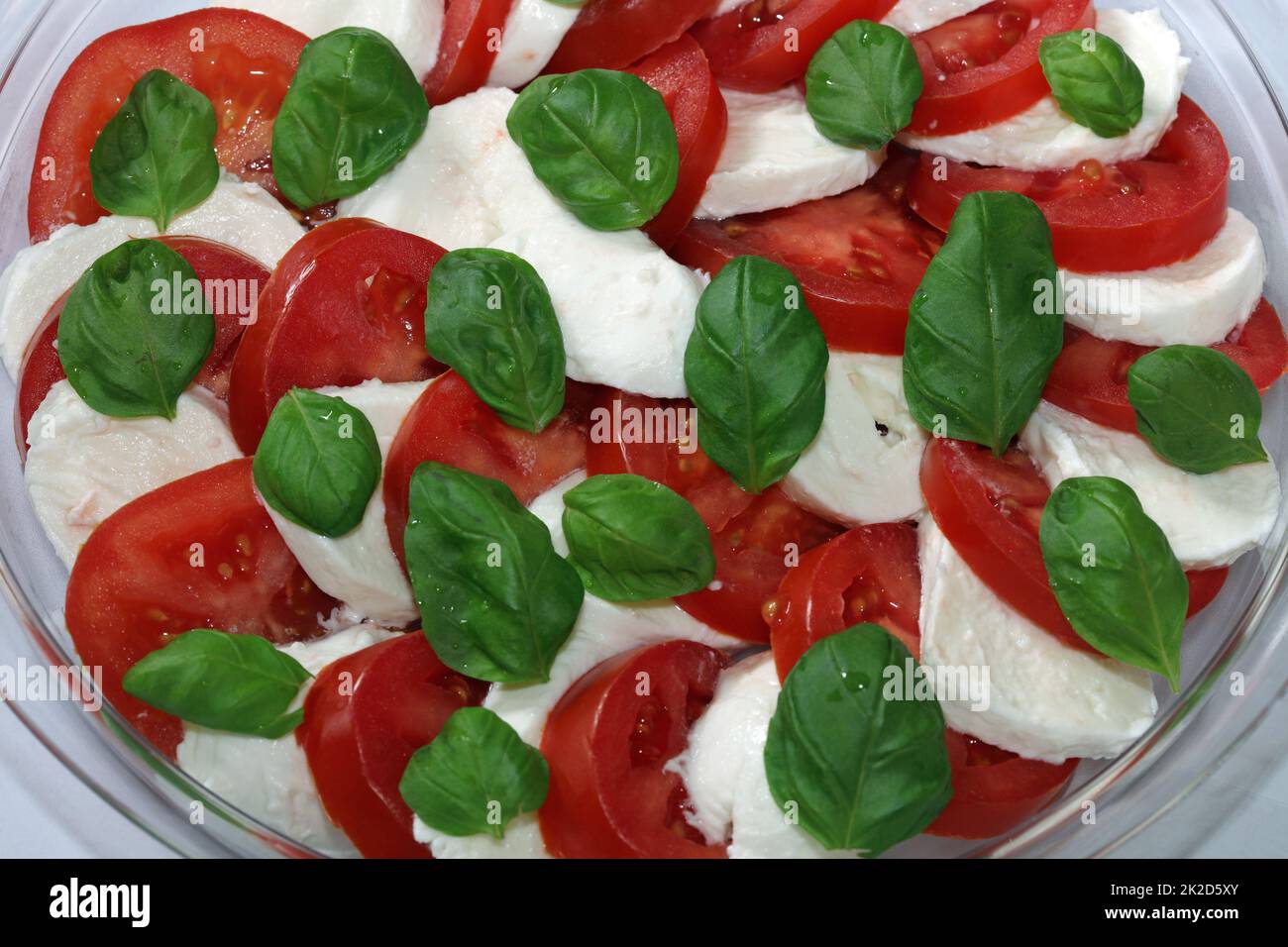 Italienischer Caprese-Salat mit Mozzarella-Käse, Tomaten und Basilikum Stockfoto