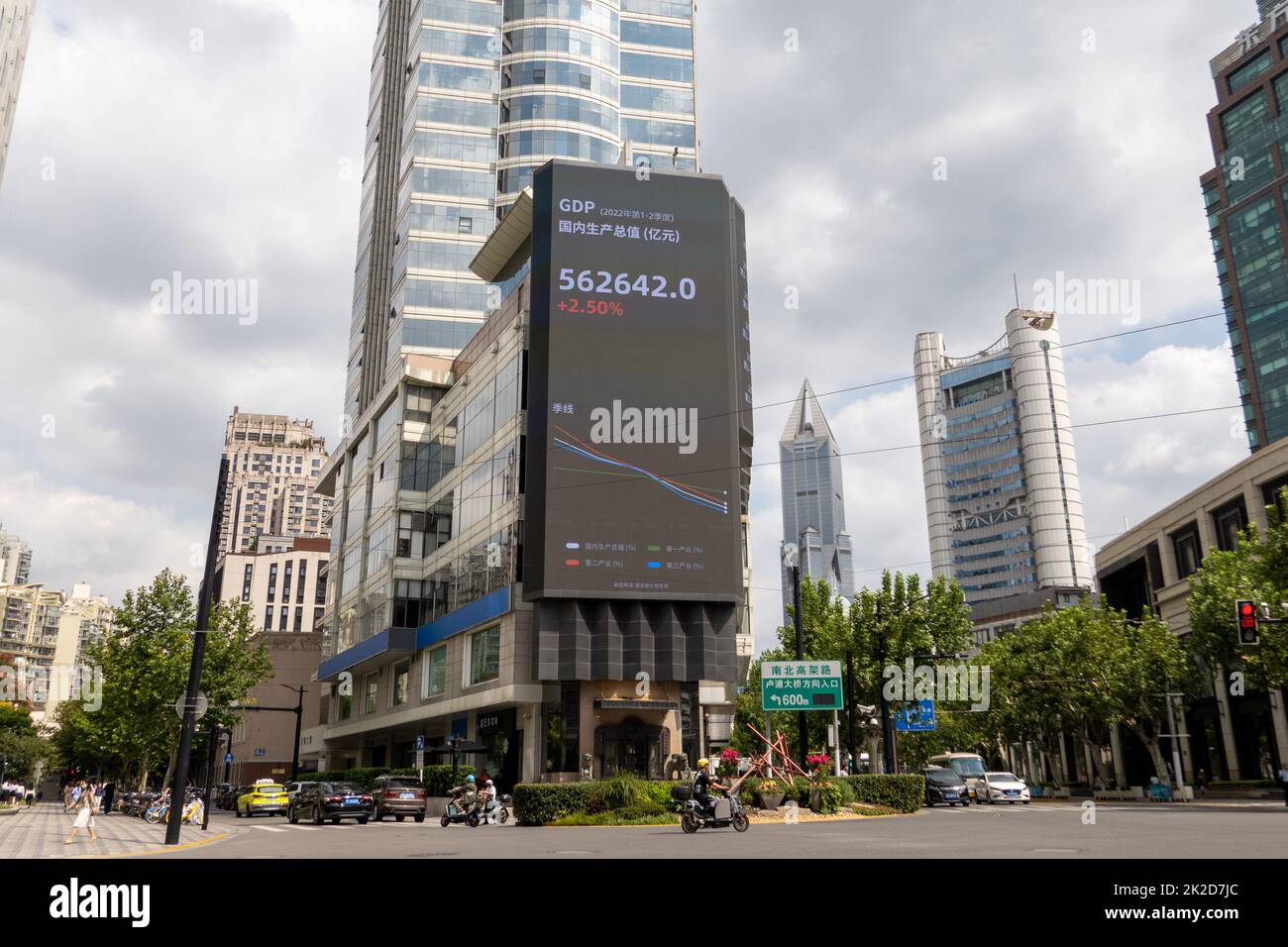 SHANGHAI, CHINA - 22. SEPTEMBER 2022 - Auf Einem großen Bildschirm wird das Bruttoinlandsprodukt (BIP) für das erste und zweite Quartal 2022 in Nanjing W angezeigt Stockfoto