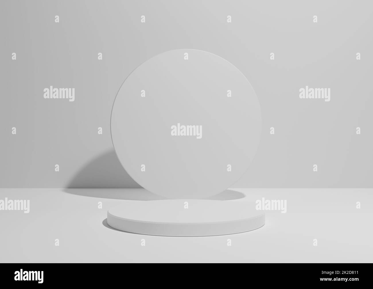 Weiß, hellgrau, schwarz und weiß, 3D Render einer einfachen, minimalistischen Komposition mit einem Zylinderständer oder Podium für Produktdisplay oder Werbung mit geometrischen Formen, leerer Hintergrund mit Platz für Text. Stockfoto
