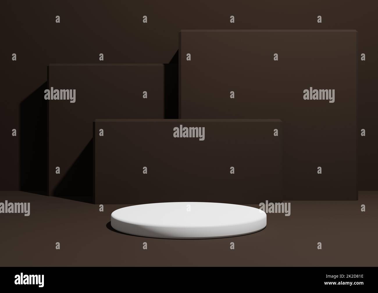 Dunkelbraun, 3D Render einer einfachen, minimalistischen Produktdarstellung Komposition Hintergrund mit einem Podium oder Ständer und geometrischen quadratischen Formen im Hintergrund. Stockfoto