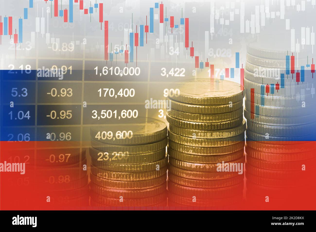 Aktienmarkt Investment Trading Finanz-, Münze und Russland Flagge oder Forex für die Analyse Gewinn Finanzierung Geschäft Trend Daten Hintergrund. Stockfoto