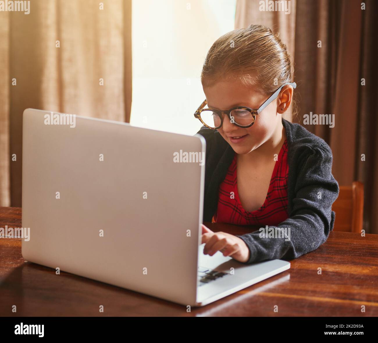 Ich kann mir dann nur mein eigenes Spielzeug bestellen Aufnahme eines kleinen Mädchens, das zu Hause einen Laptop benutzt. Stockfoto