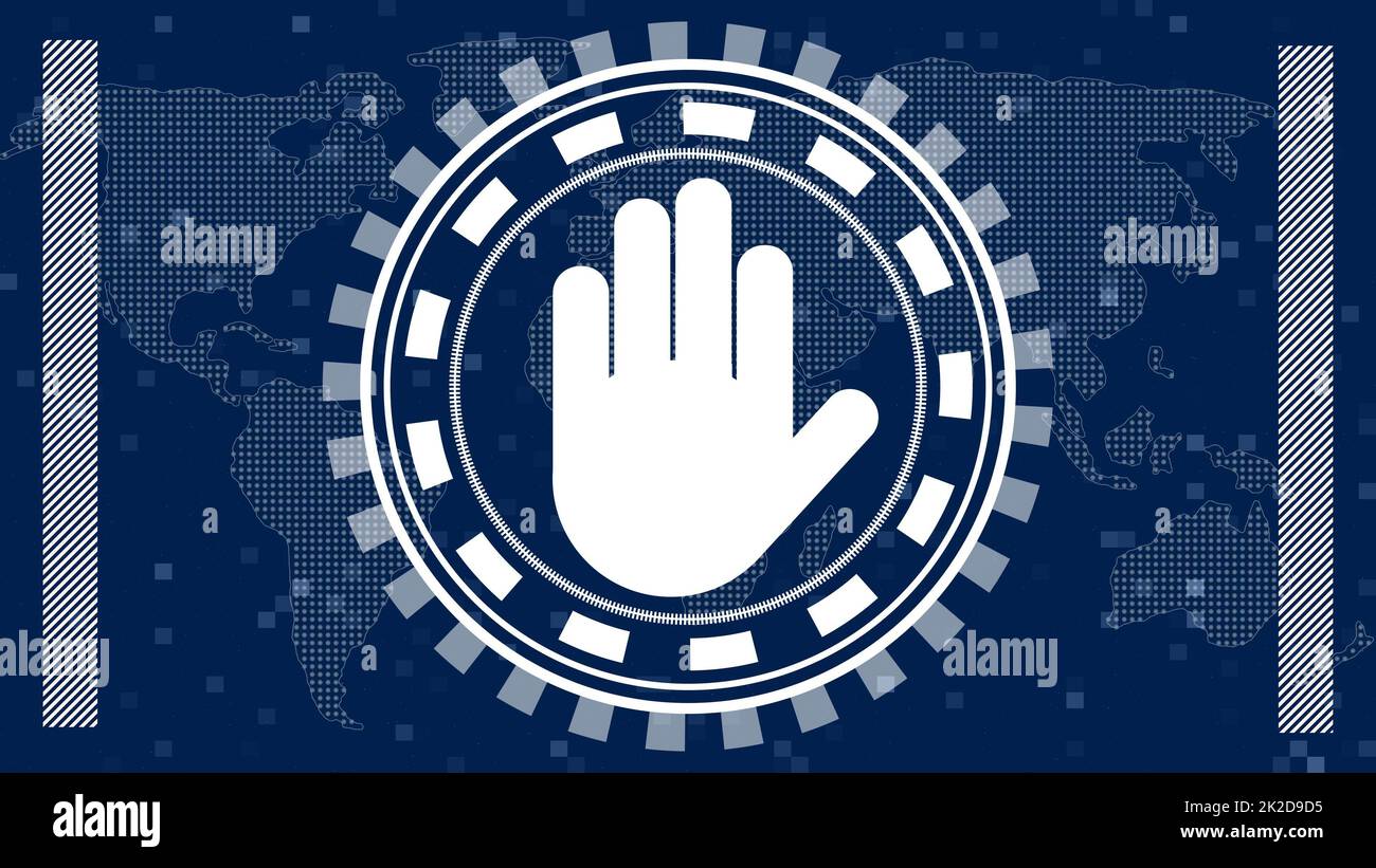 Handzeichen HALTEN in der Mitte verschiedener Grafikelemente auf Hintergrund von unscharfen Quadraten und Weltkarte Stockfoto