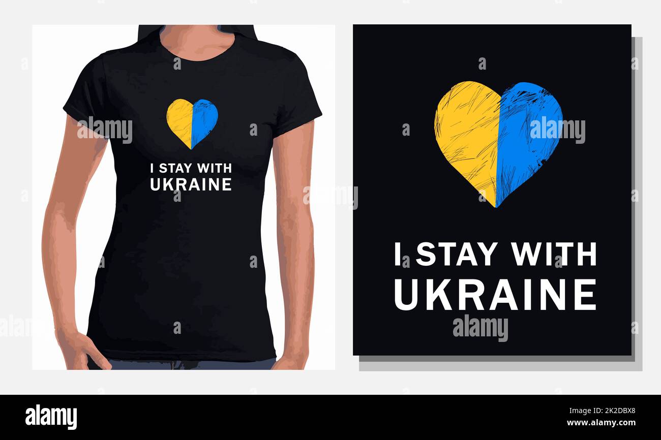 Druckbarer Druck ich bleibe in der ukraine. Vektordarstellung zur Unterstützung der Ukraine. Der Begriff Patriotismus und Hingabe Stockfoto