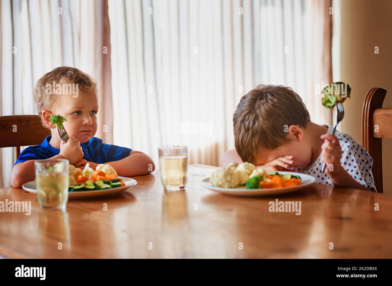 Das war's, sie traten in einen Hungerstreik. Aufnahme von zwei unglücklichen kleinen Jungen, die sich weigern, ihr Gemüse am Esstisch zu essen. Stockfoto