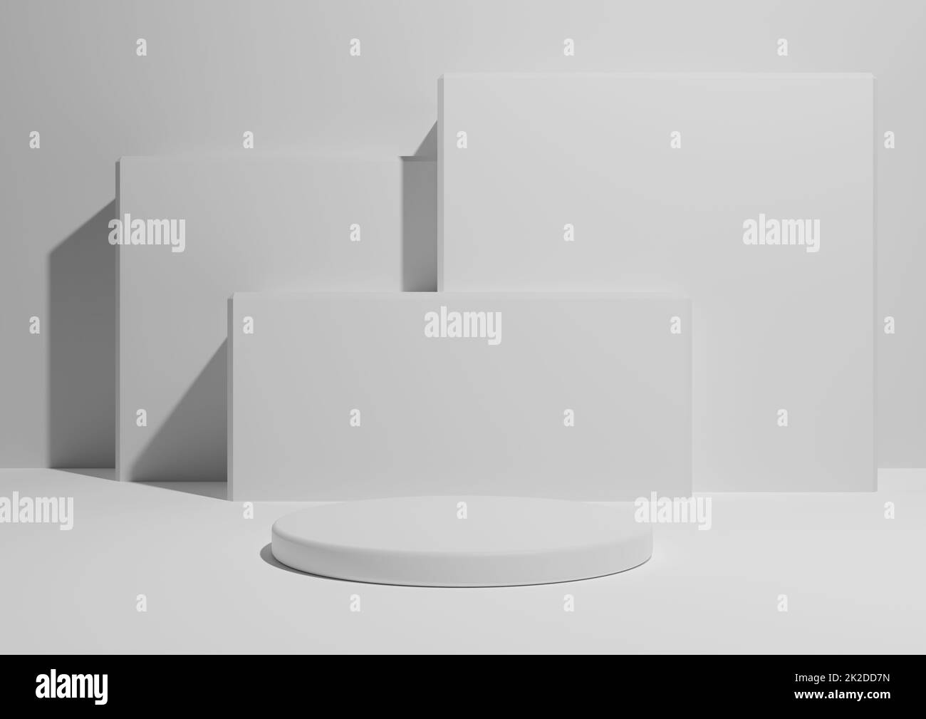 Weiß, Hellgrau, Schwarz und Weiß, 3D-Wiedergabe eines einfachen, minimalen Produktanzeigehintergrunds mit einem Podium oder Standfuß und geometrischen quadratischen Formen im Hintergrund. Stockfoto